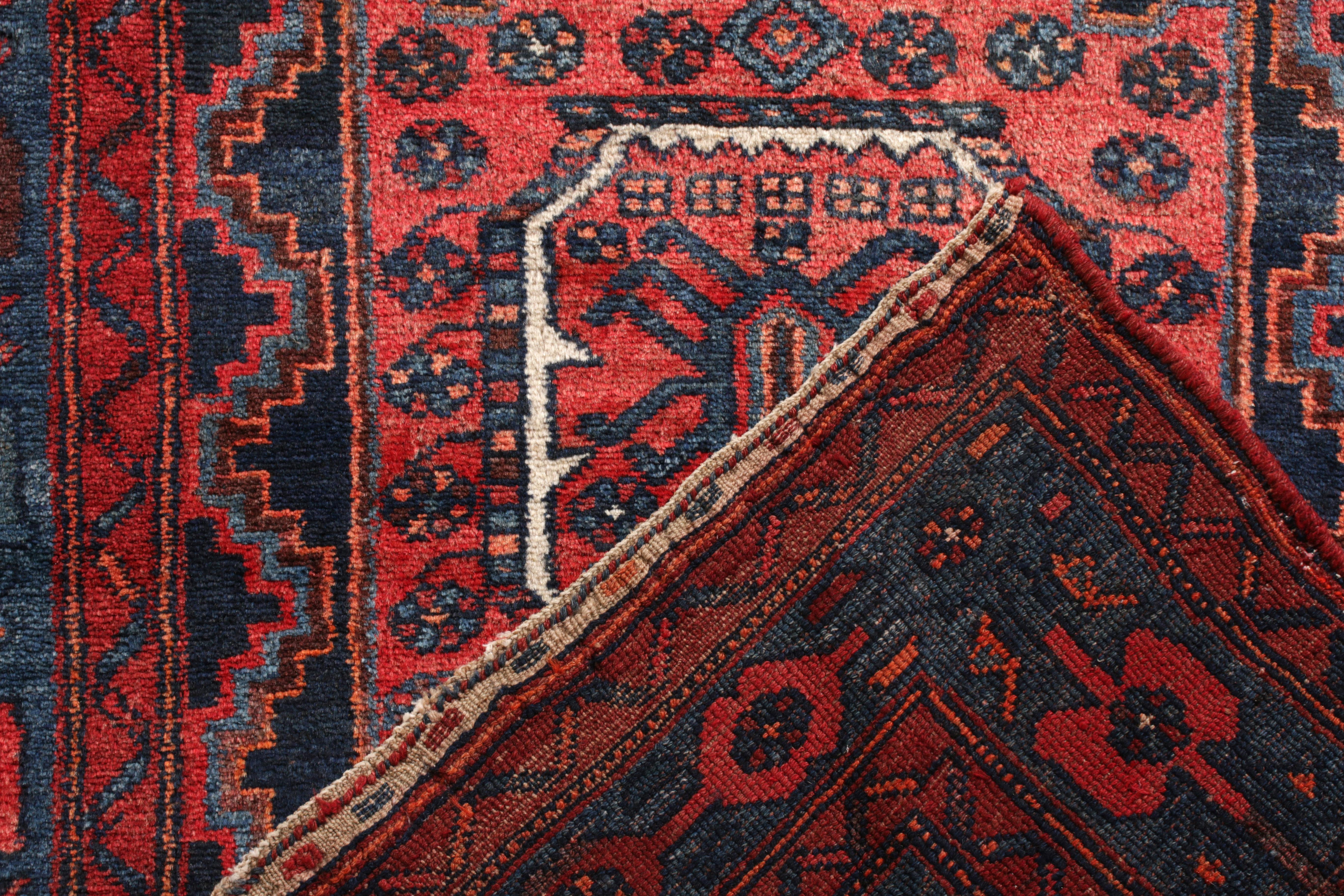 Hand-Knotted Hand Knotted Antique Mosul Rug in Red Blue Tribal Medallion Pattern