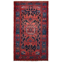Hand Knotted Antique Mosul Rug in Red Blue Tribal Medallion Pattern