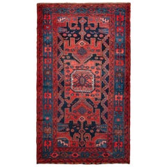 Hand Knotted Antique Mosul Rug in Red Blue Tribal Medallion Pattern