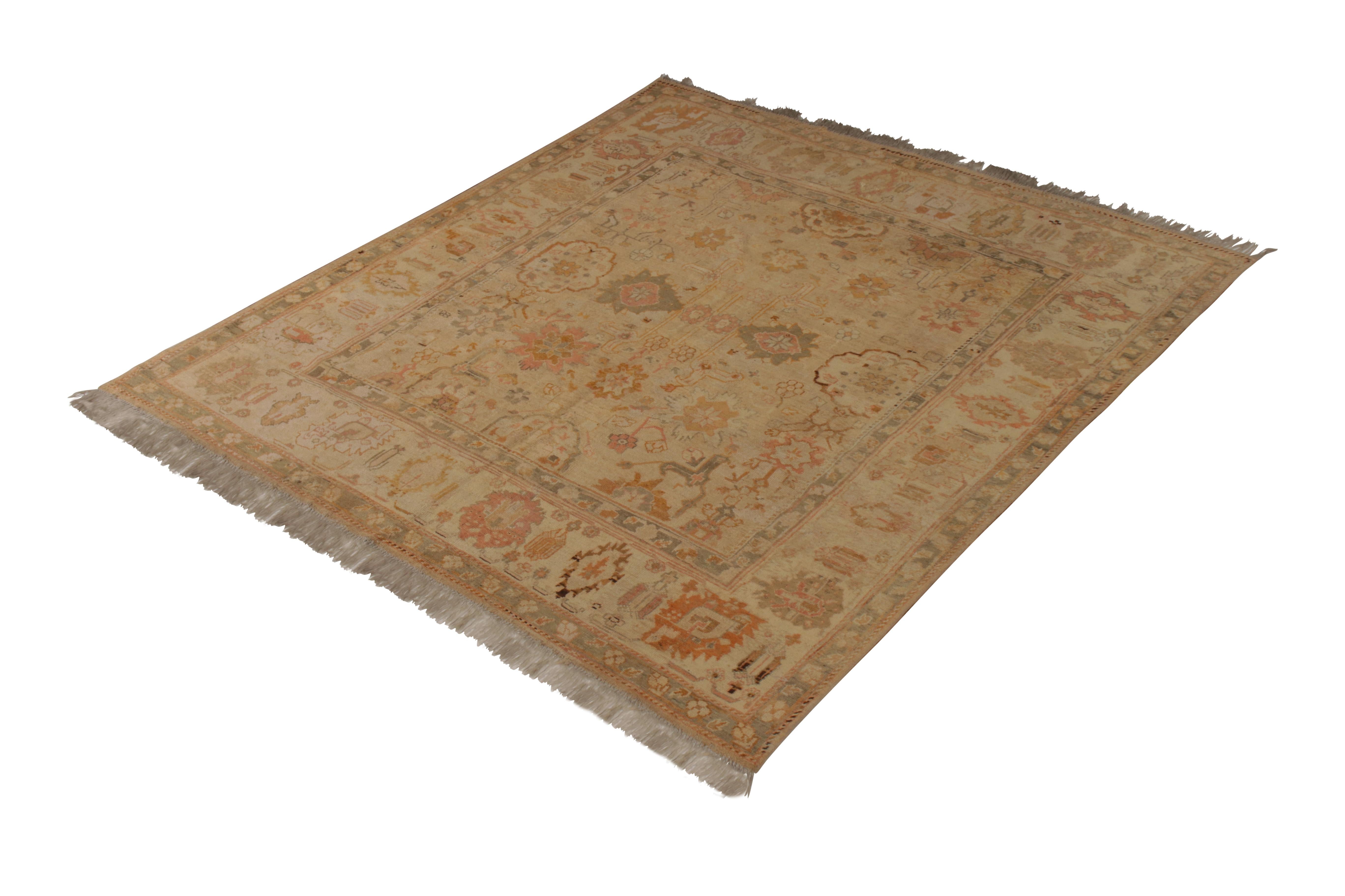 Hand knotted in wool originating from Turkey circa 1880-1890, this 9x10 antique rug is remarked as one of the best classic Oushak rugs our principal Josh has seen in 40 years of collecting the style—an exemplary piece in good condition for its age