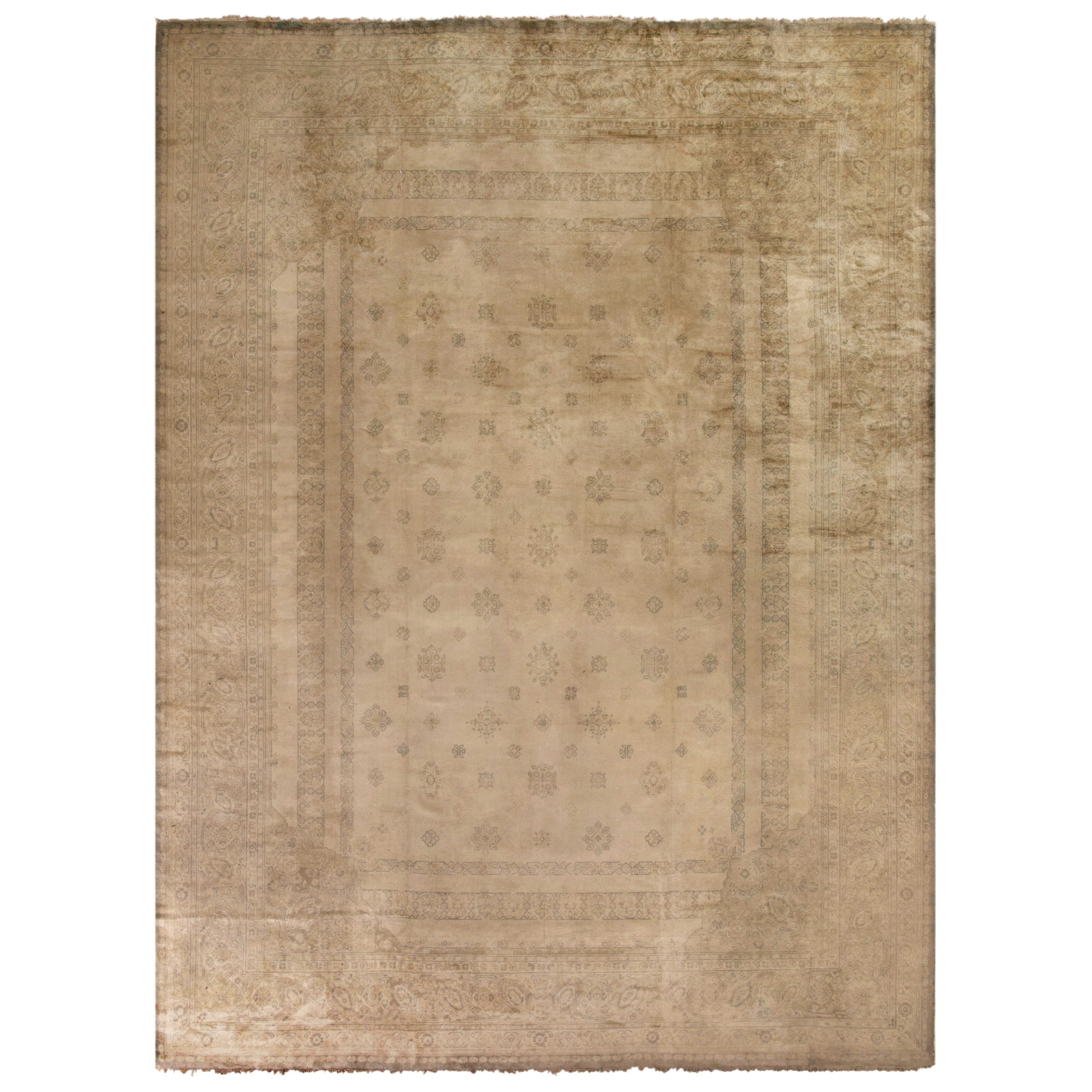 Hand-knotted Antique Oushak Rug in Beige Brown Floral Pattern by Rug & Kilim in vendita