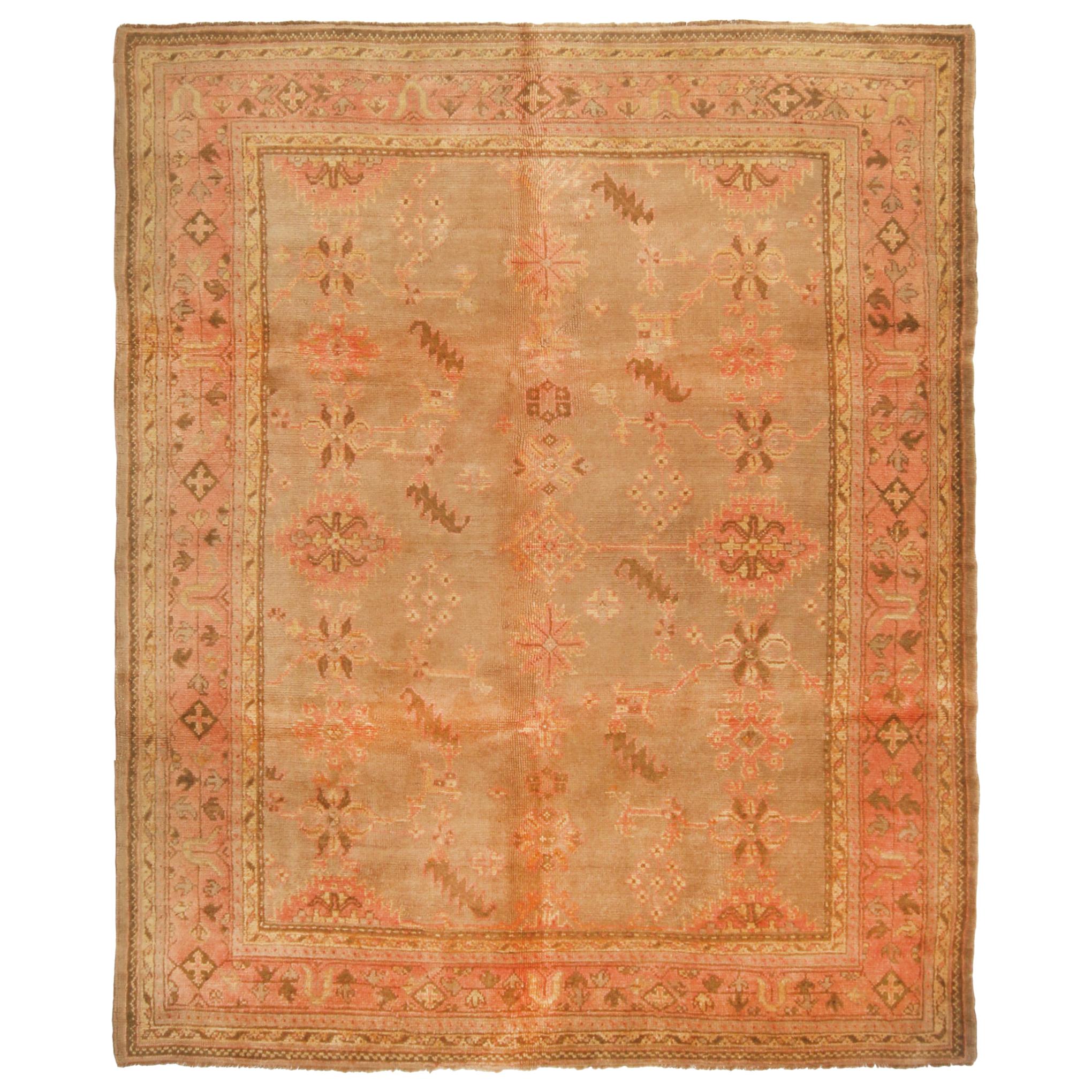 HandKnotted Antique Oushak Rug in Pink and BeigeBrown Floral Pattern