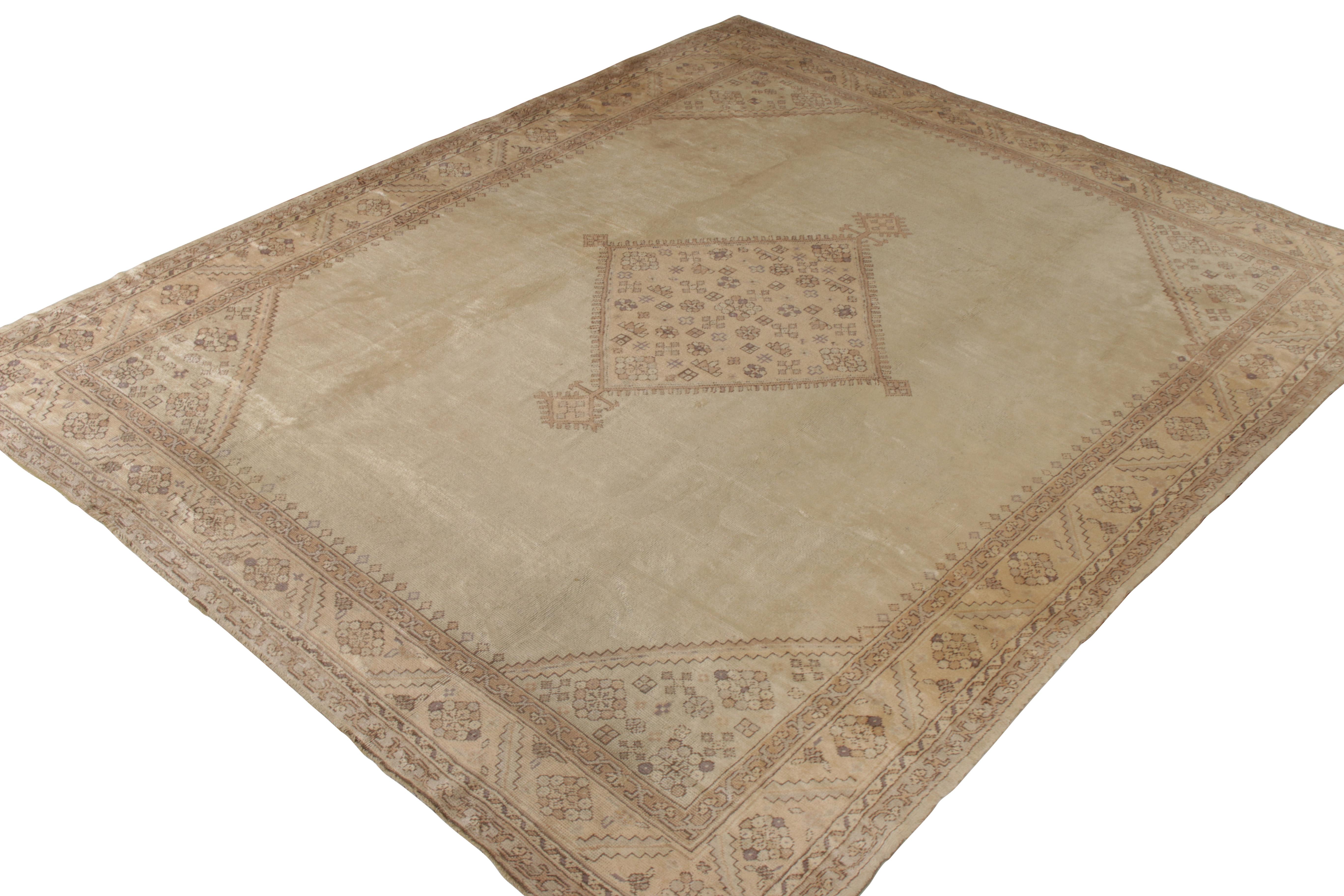 Turkish Hand-Knotted Antique Oushak Rug in Beige Medallion Pattern by Rug & Kilim For Sale