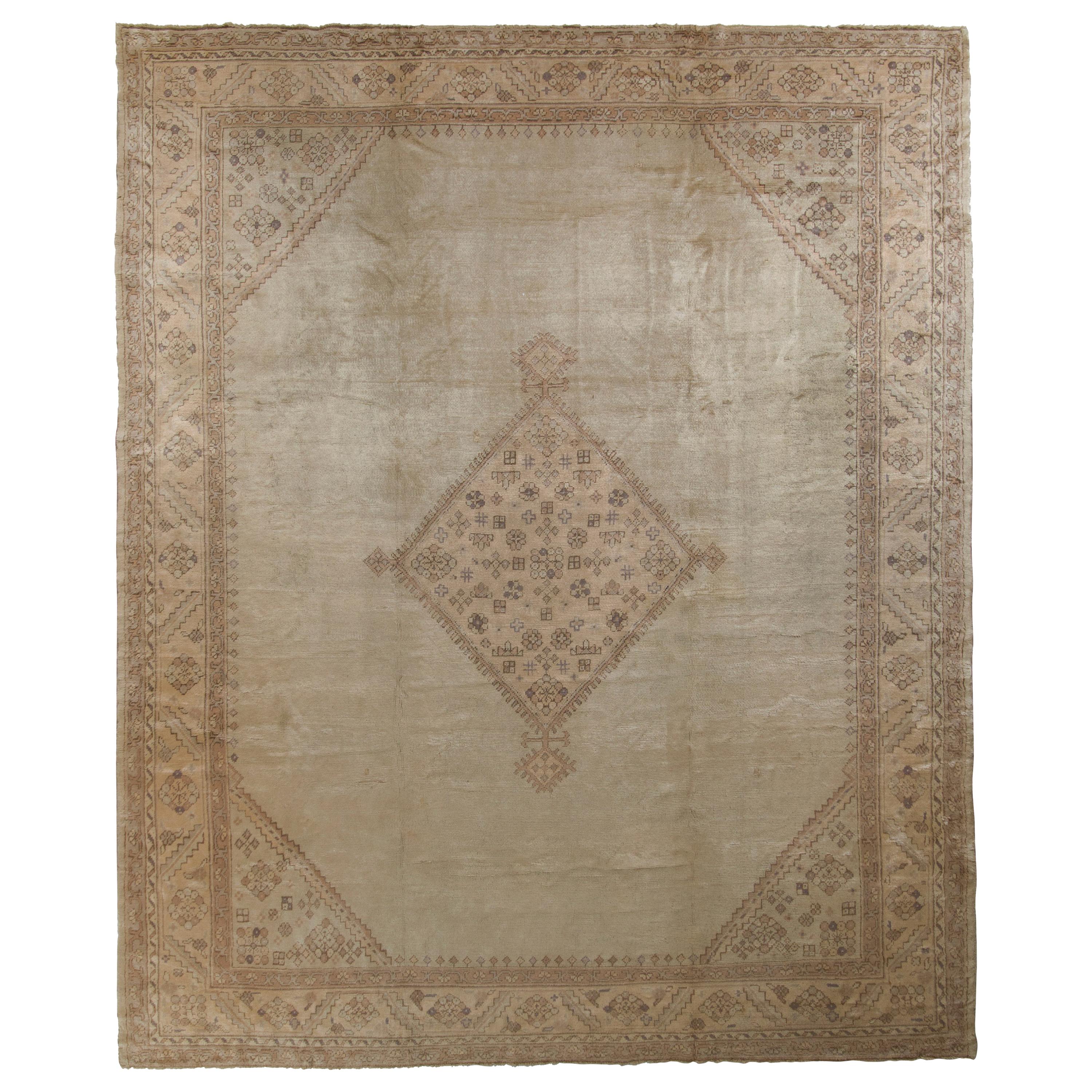 Hand-Knotted Antique Oushak Rug in Beige Medallion Pattern by Rug & Kilim