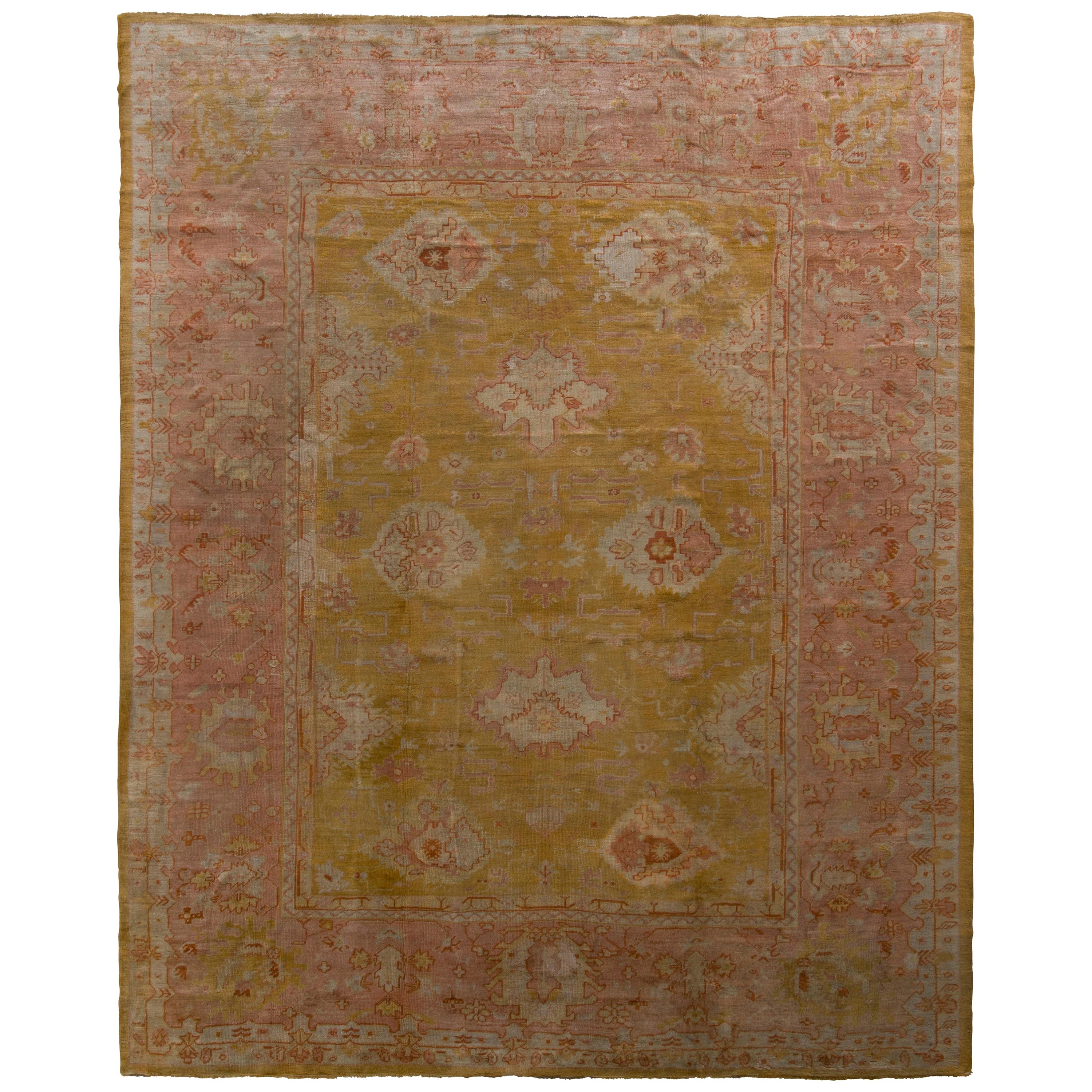 Hand-Knotted Antique Oushak Rug in Gold and Pink Floral Pattern