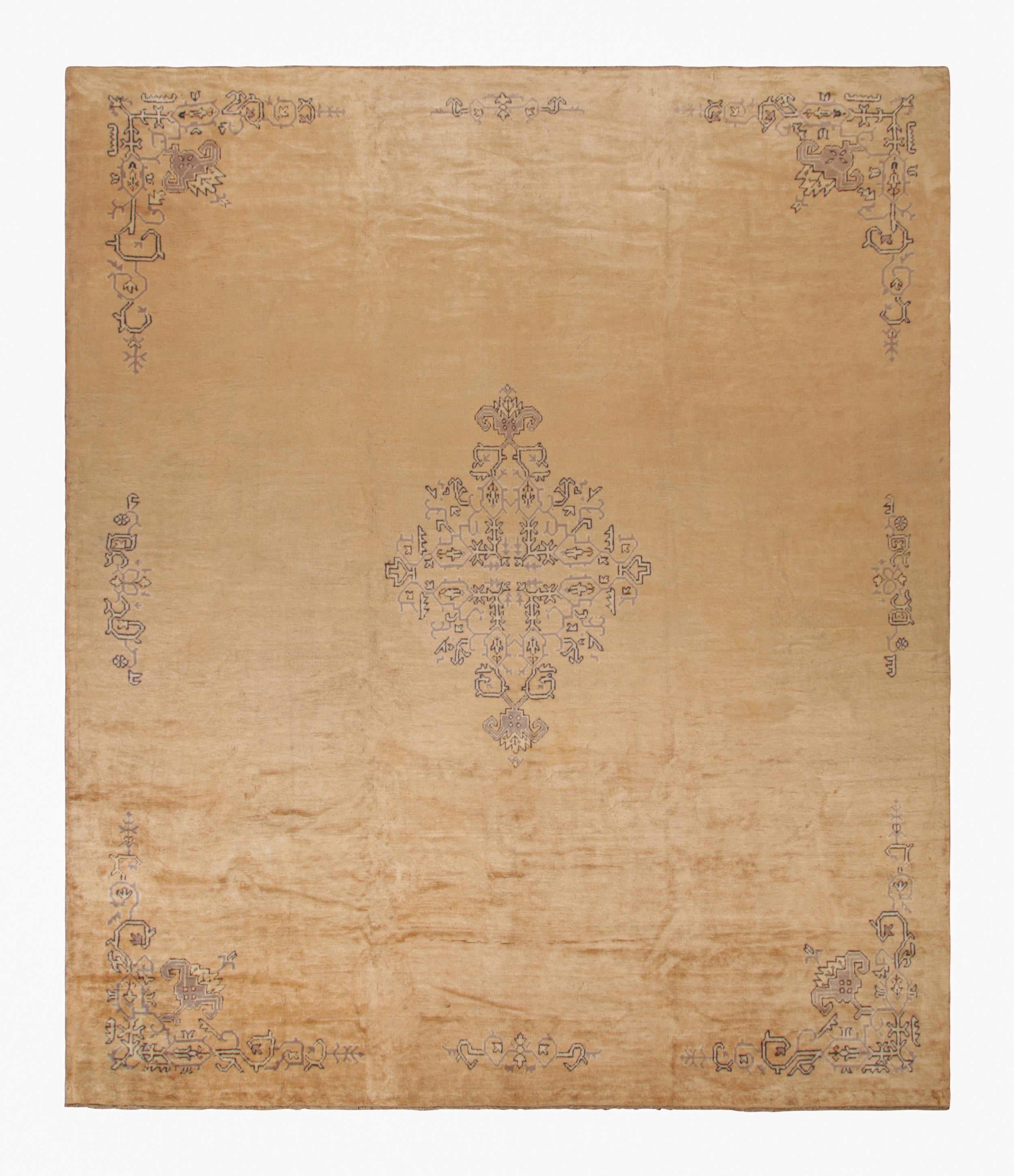 Hand-Knotted Antique Oushak Rug in Golden Beige-Brown Medallion Pattern For Sale