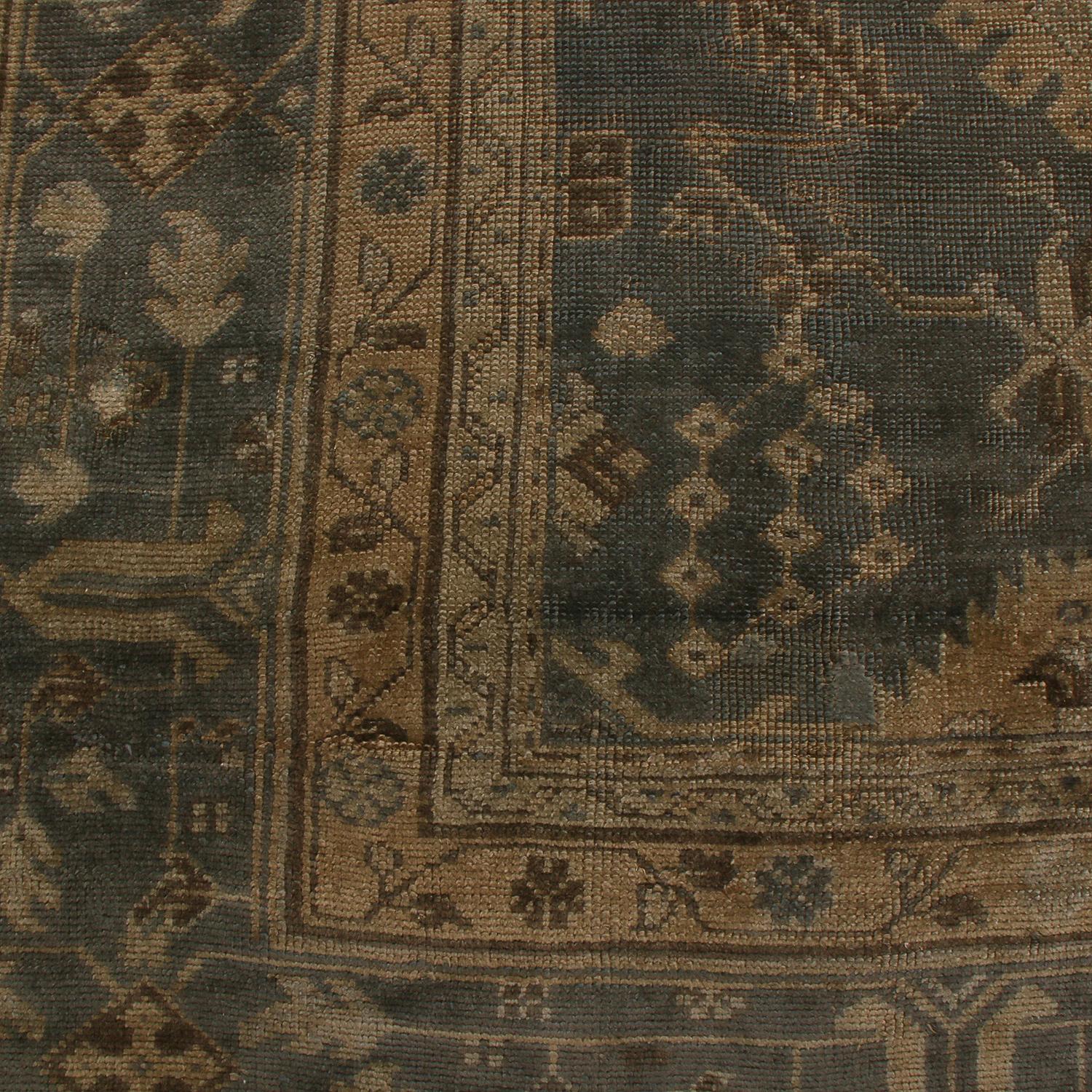 Turkish Antique Oushak Rug in Slate with Beige Floral Patterns, from Rug & Kilim For Sale