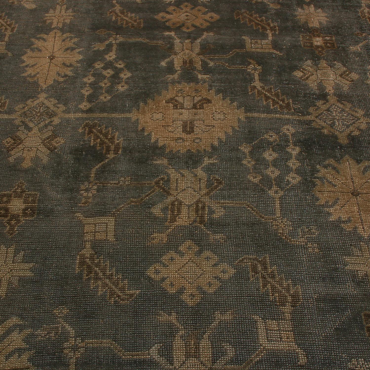 Hand-Knotted Antique Oushak Rug in Slate with Beige Floral Patterns, from Rug & Kilim For Sale
