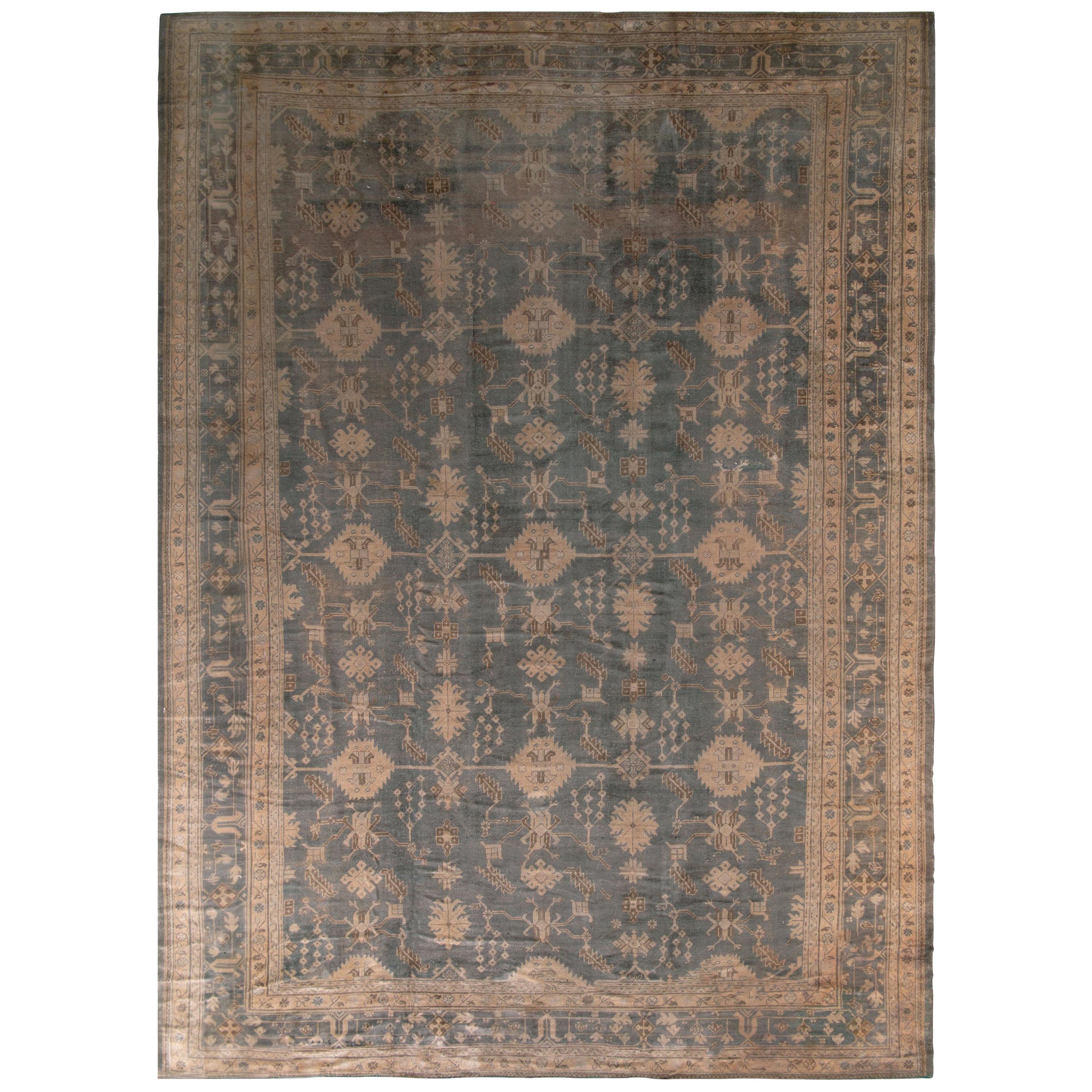 Antique Oushak Rug in Slate with Beige Floral Patterns, from Rug & Kilim