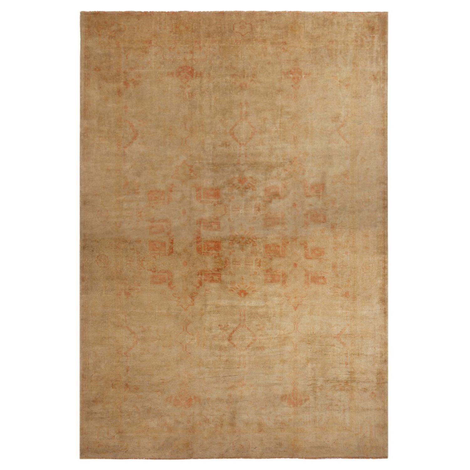 Hand Knotted Antique Oushak Rug in Orange Beige Geometric Pattern by Rug & Kilim For Sale