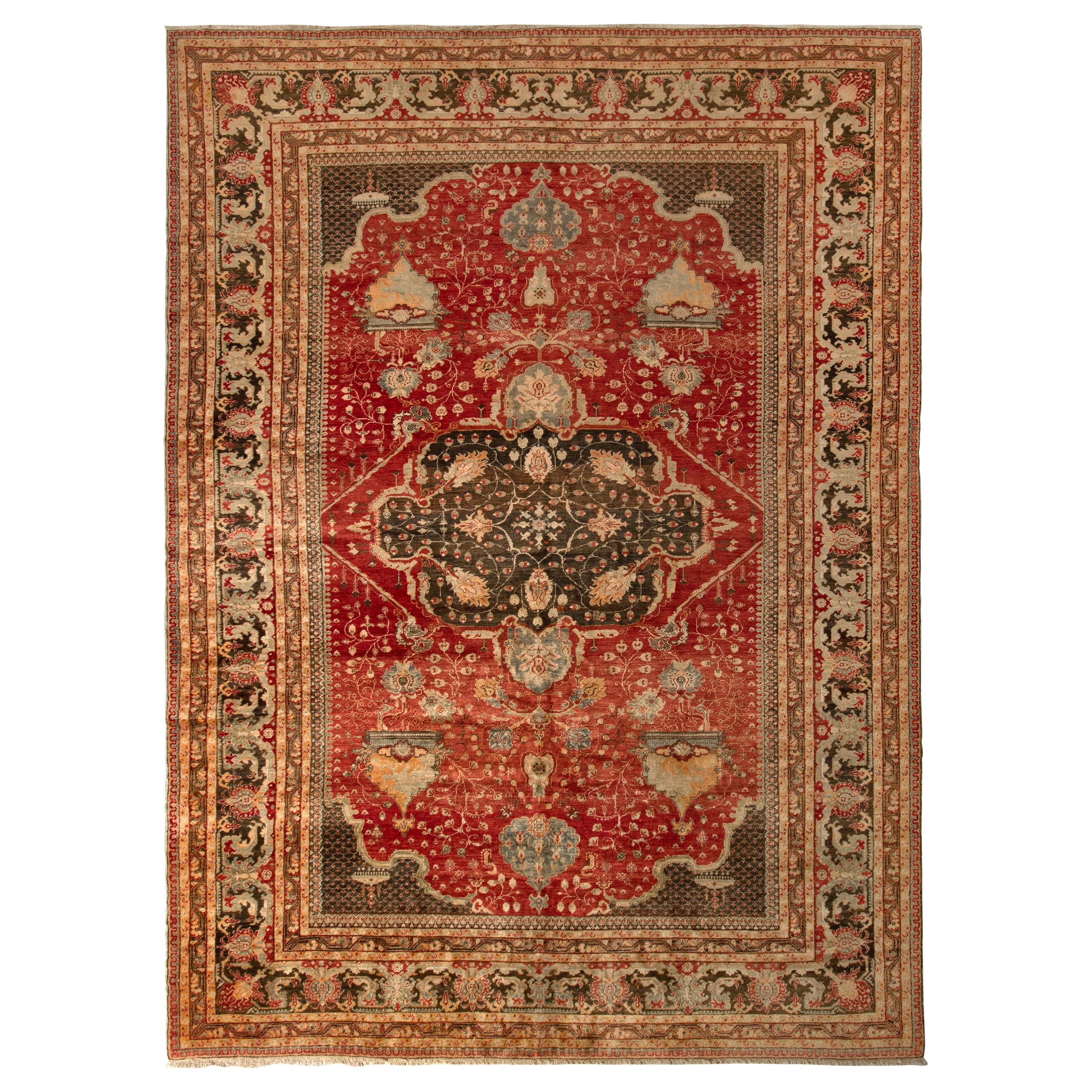 Hand Knotted Antique Oushak Rug in Orange Beige Geometric Pattern