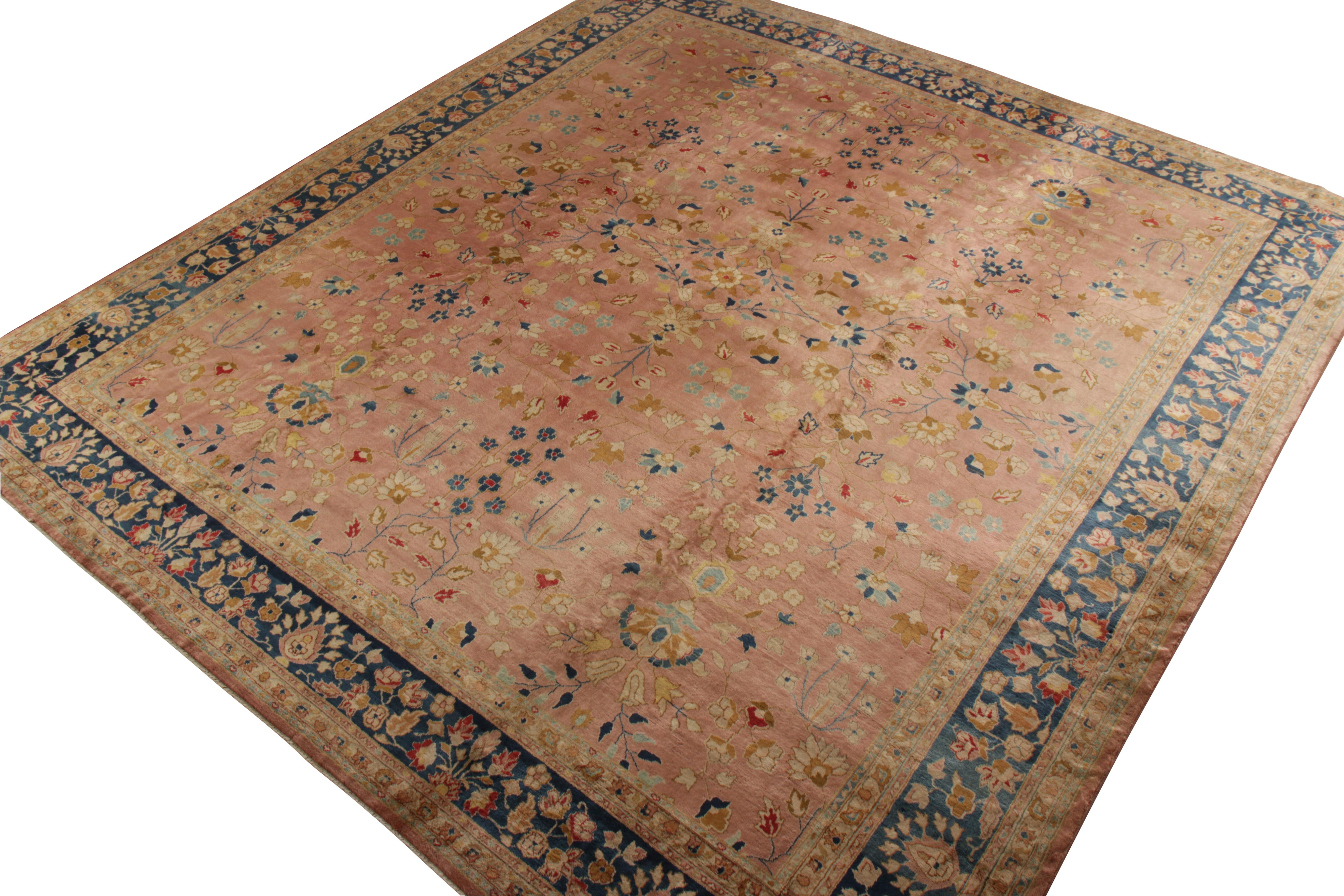 Hand knotted in wool originating circa 1910-1920, this 13 x 14 antique rug connotes a rare Oushak rug design, both in uncommon dimensions as a square rug as well as in the emphasis on a joyful pink colorway. 

On the design: Normally an atypical