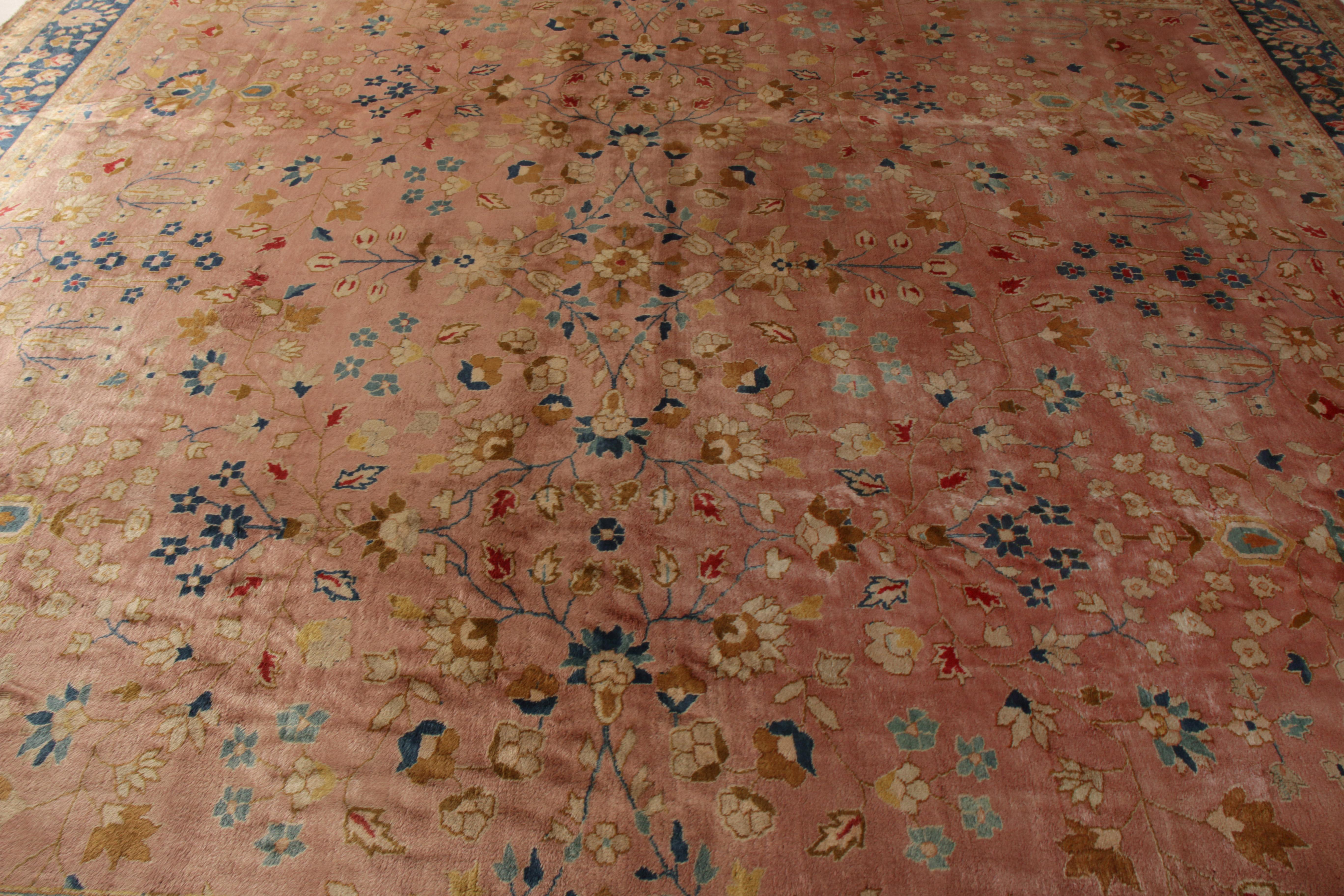 Turkish Hand-Knotted Antique Oushak Rug in Pink and Beige-Brown Floral Pattern For Sale