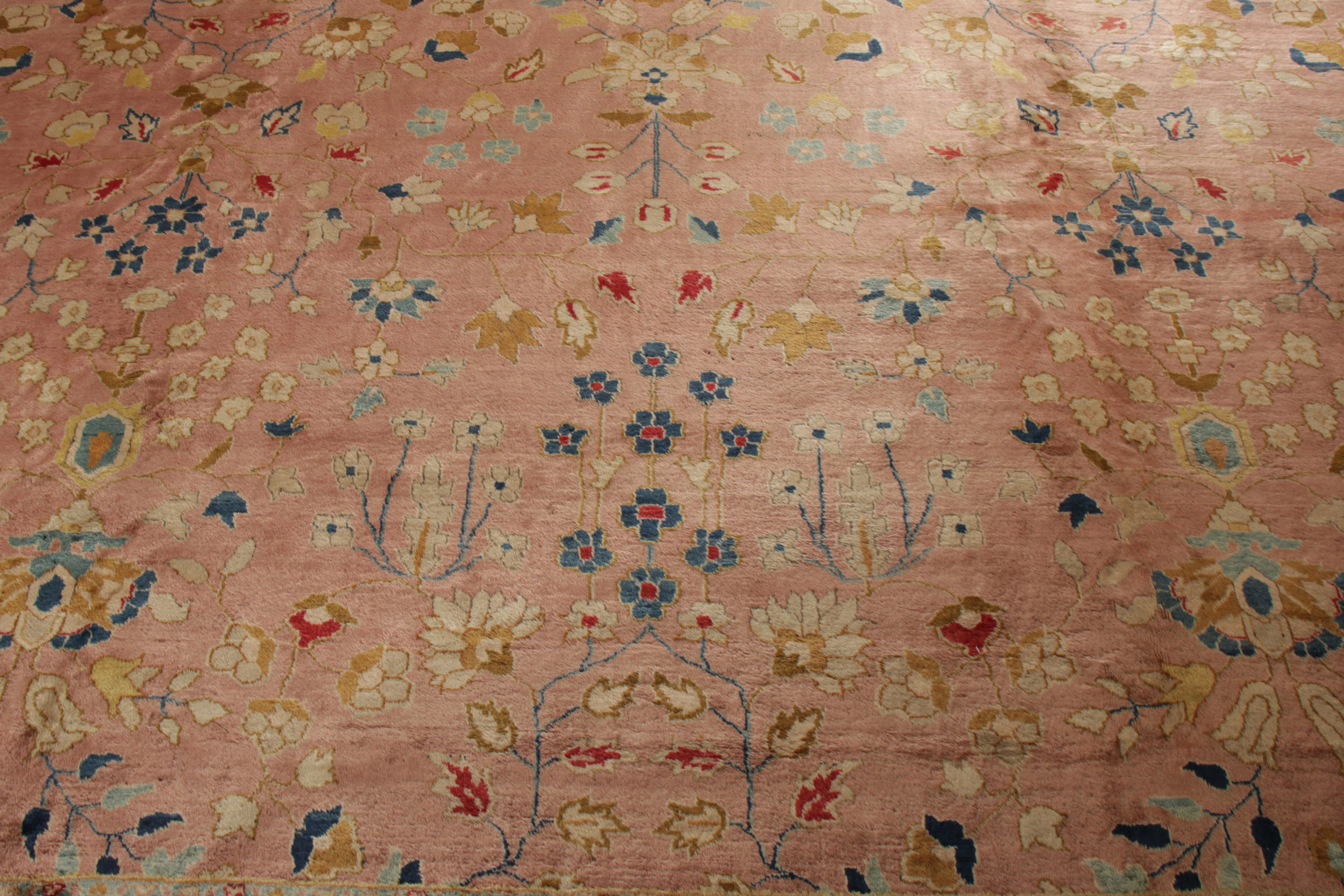 Hand-Knotted Antique Oushak Rug in Pink and Beige-Brown Floral Pattern In Good Condition For Sale In Long Island City, NY