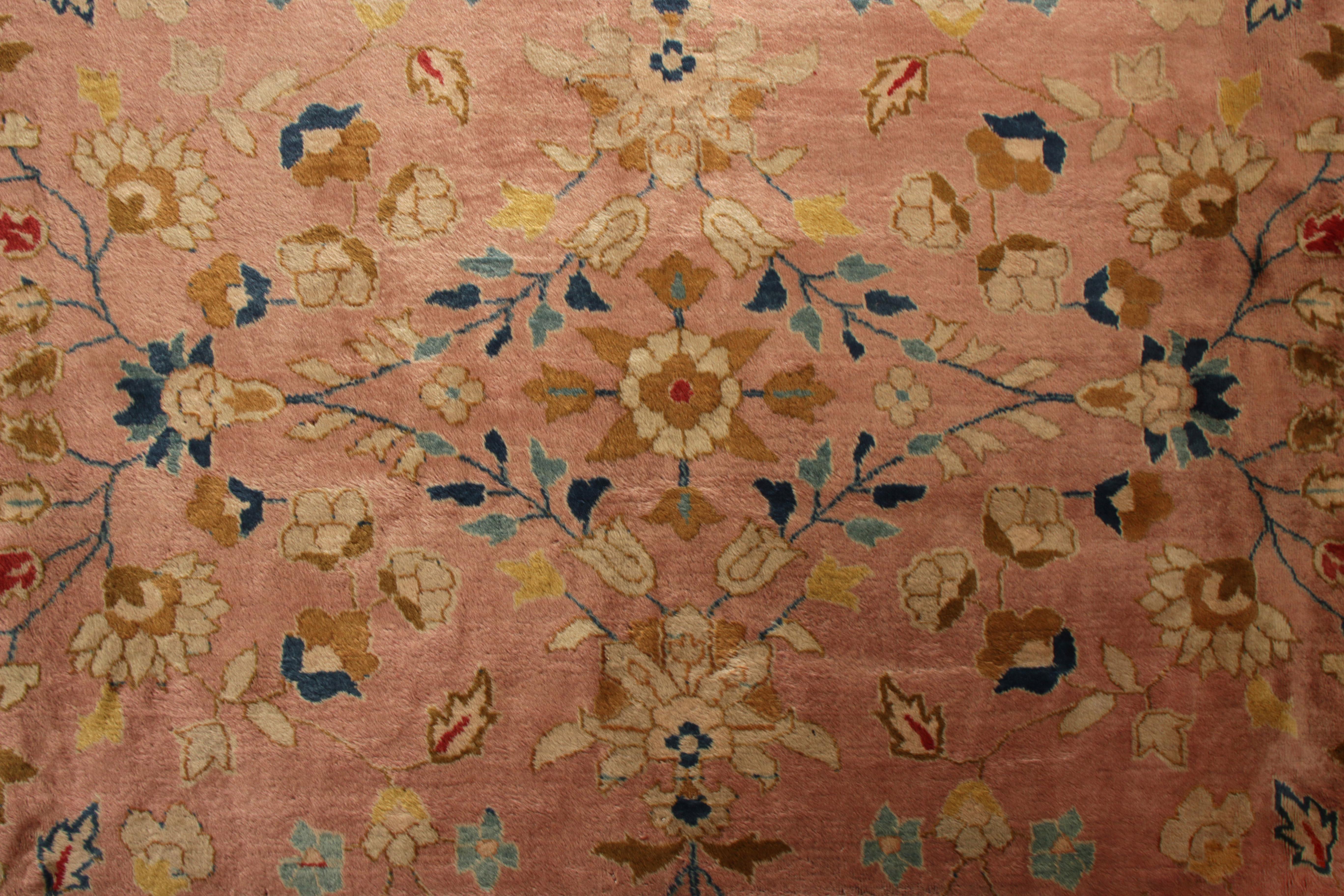 Early 20th Century Hand-Knotted Antique Oushak Rug in Pink and Beige-Brown Floral Pattern For Sale