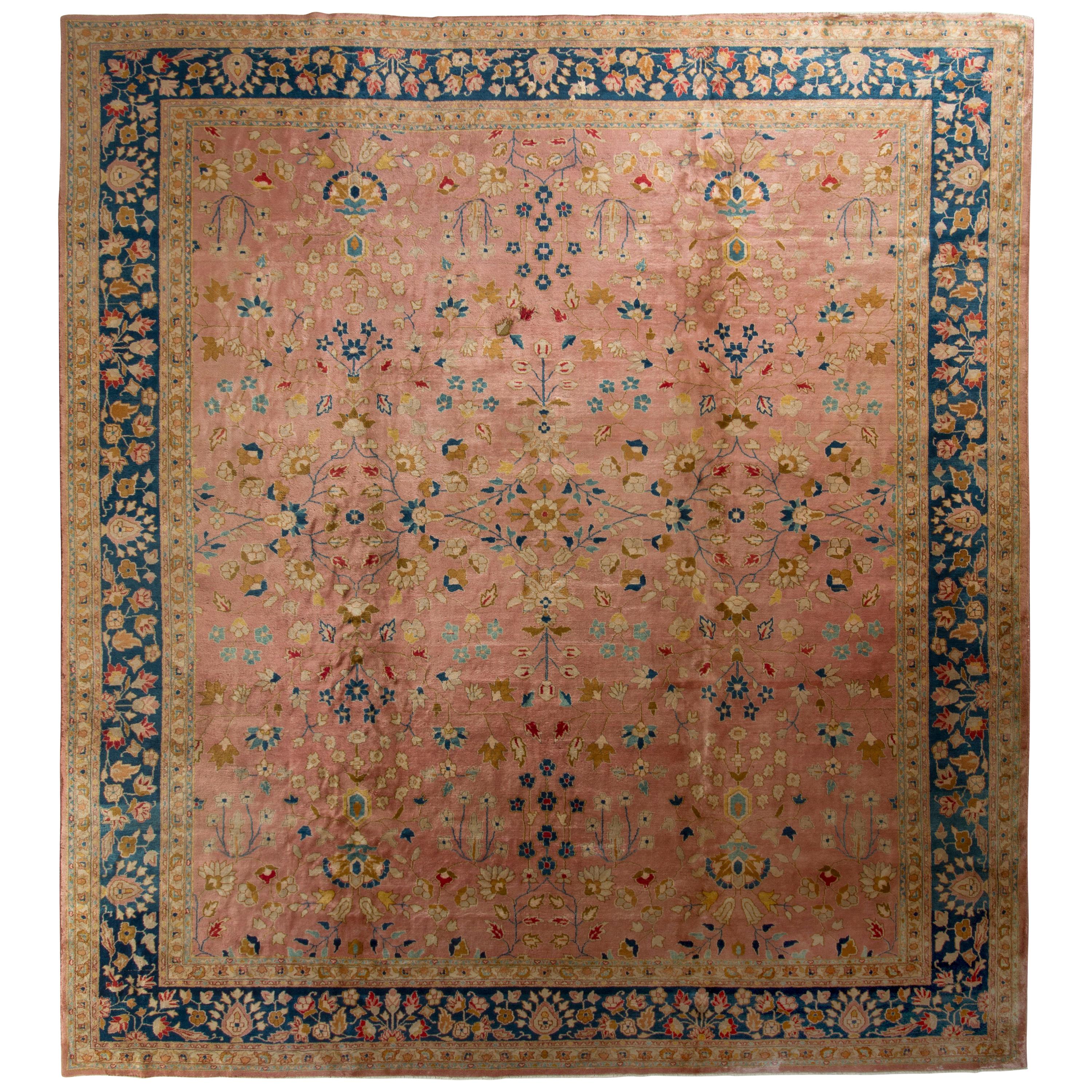 Hand-Knotted Antique Oushak Rug in Pink and Beige-Brown Floral Pattern For Sale