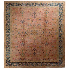 Hand-Knotted Antique Oushak Rug in Pink and Beige-Brown Floral Pattern
