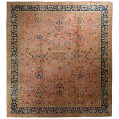 Tapis d'Oushak ancien noué à la main à motif floral rose et beige-marron