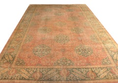 Hand Knotted Antique Oushak Rug in Red and Green Floral Pattern