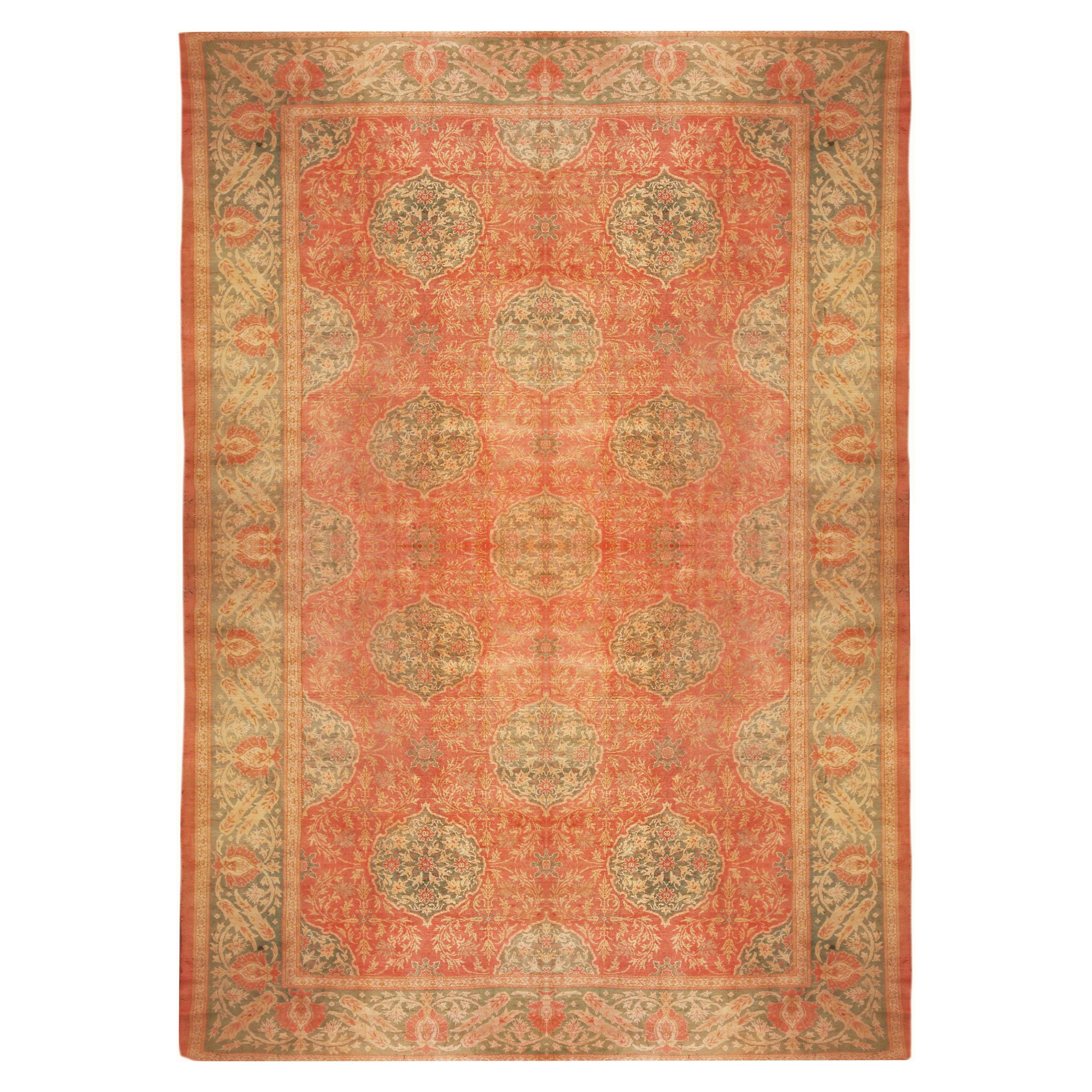 Hand Knotted Antique Oushak Rug in Red and Green Floral Pattern