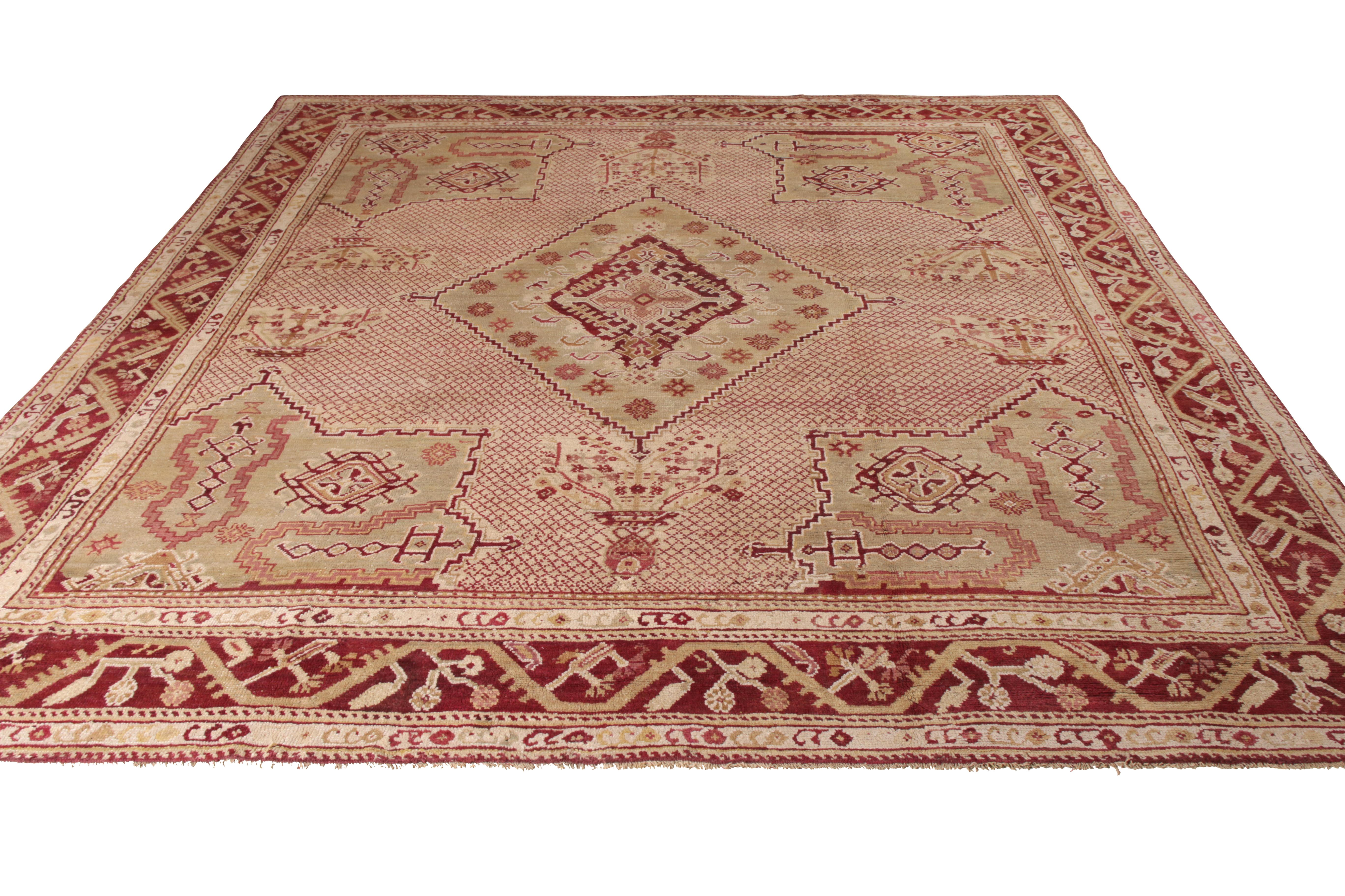 An antique 13x14 Oushak rug of exceptional rarity, hand knotted in a healthy, lustrous wool from Turkey circa 1910-1920. One of the most phenomenal examples of scale and delicious colorway our principal has seen as a connoisseur. The uncommon play