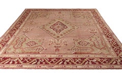 Hand-Knotted Antique Oushak Rug, Pink and Red with Green Medallion Pattern