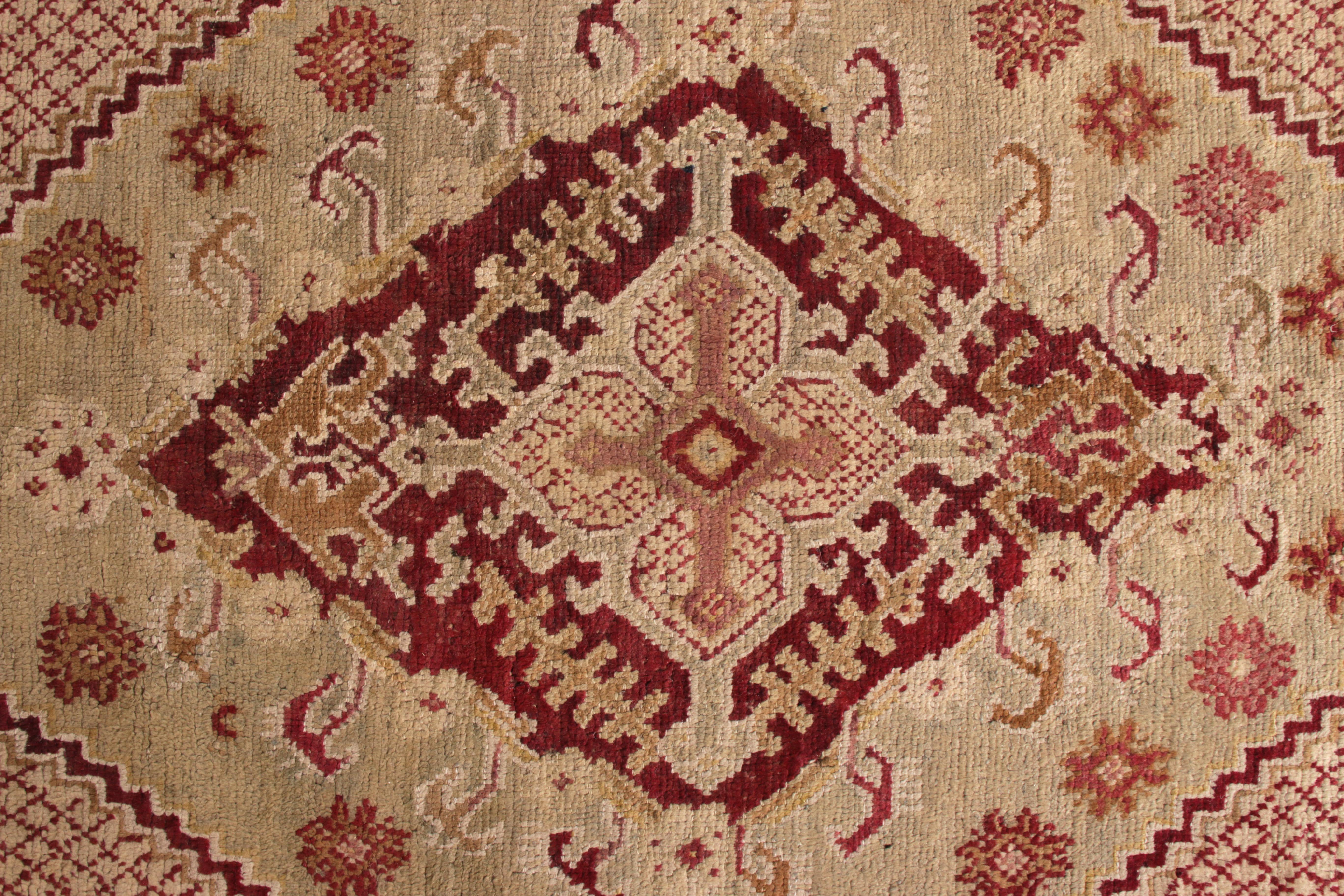 Early 20th Century Hand-Knotted Antique Oushak Rug, Pink and Red with Green Medallion Pattern For Sale