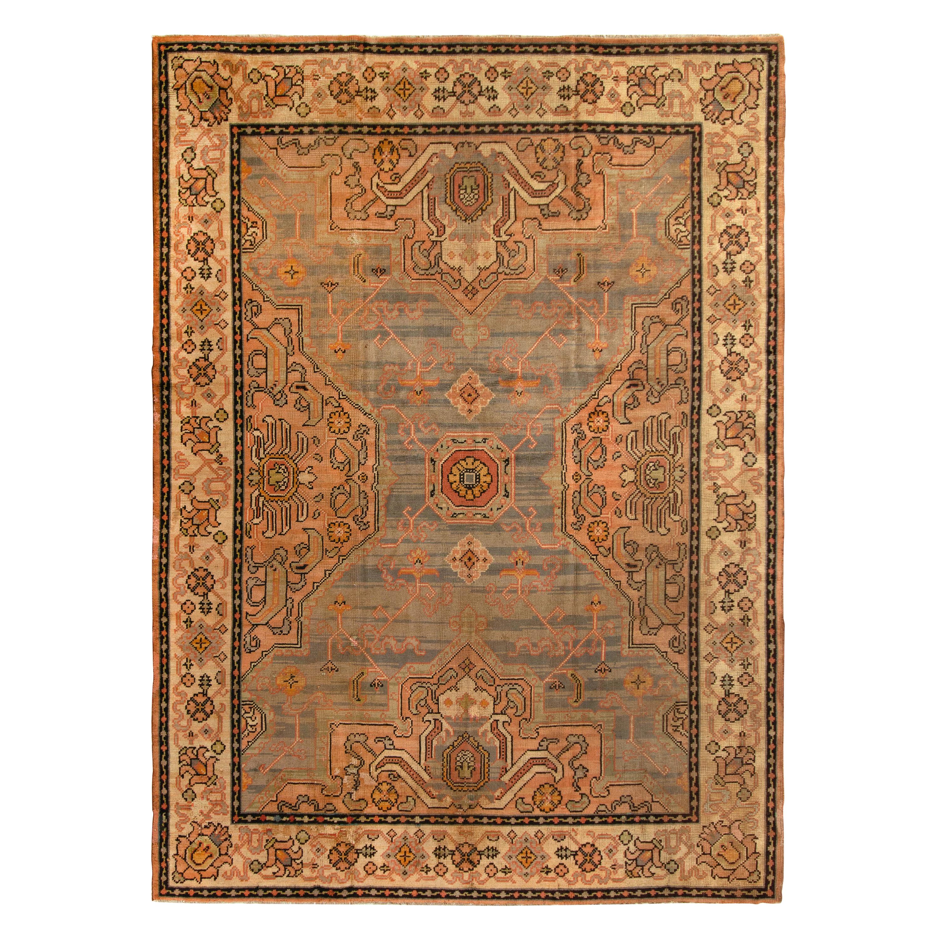 Hand Knotted Antique Oushak Style Rug in Blue Medallion Style by Rug & Kilim For Sale