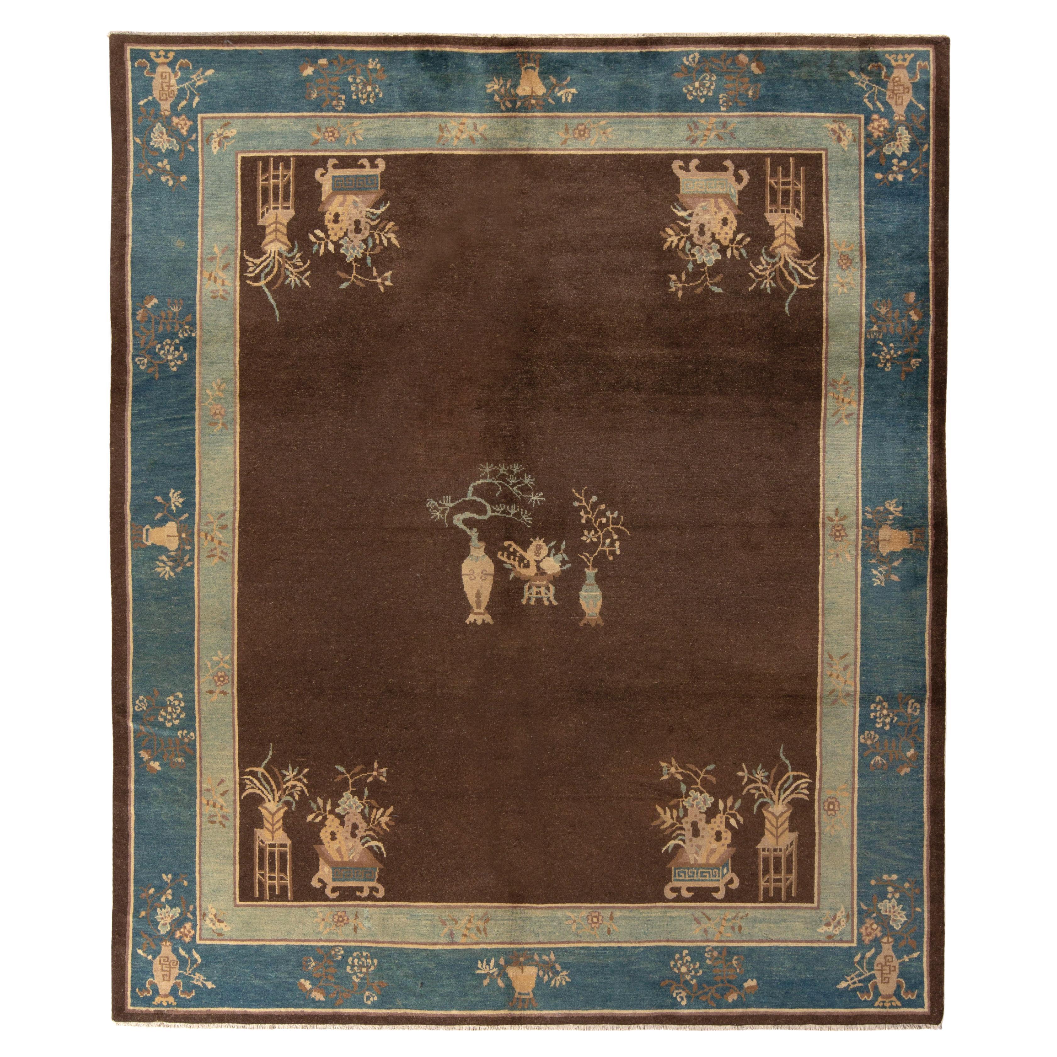 Hand-Knotted Antique Chinese Rug in Blue, Brown Pictorial Pattern by Rug & Kilim For Sale