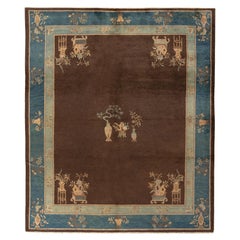Hand-Knotted Antique Peking Chinese Deco Rug in Blue, Brown Pictorial Pattern