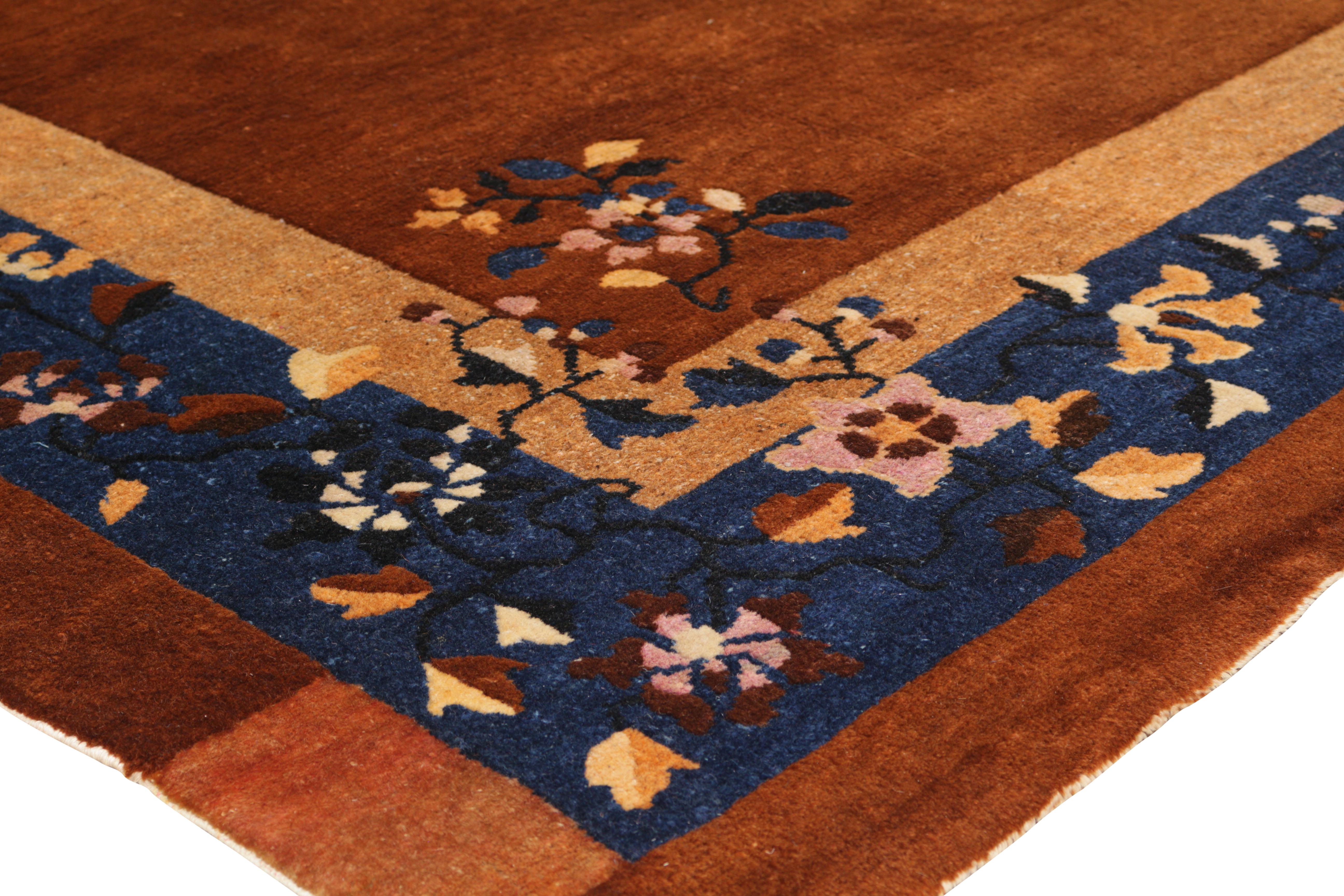 Chinese Hand Knotted Antique Peking Rug Brown Blue Open Art Deco Design by Rug & Kilim For Sale