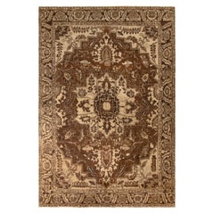 Hand-Knotted Antique Persian Heriz Rug in Beige-Brown Floral Medallion Pattern