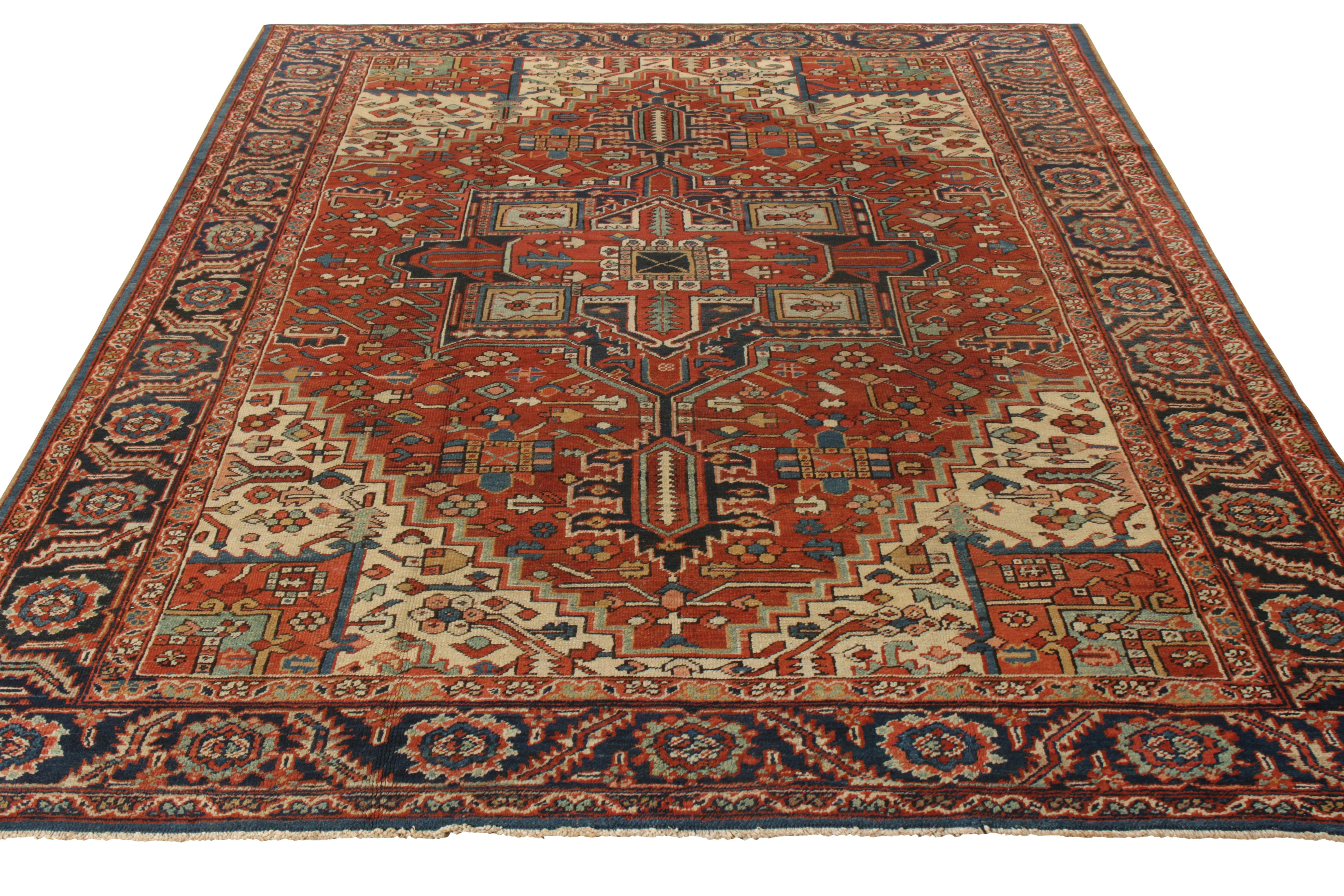 Hand knotted in wool, an antique 9x11 Persian Heriz rug joining Rug & Kilim’s coveted Antique & Vintage collection. Originating circa 1920-1930, the piece exudes traditional tribal vibes by showcasing an impeccable play of geometric elements and