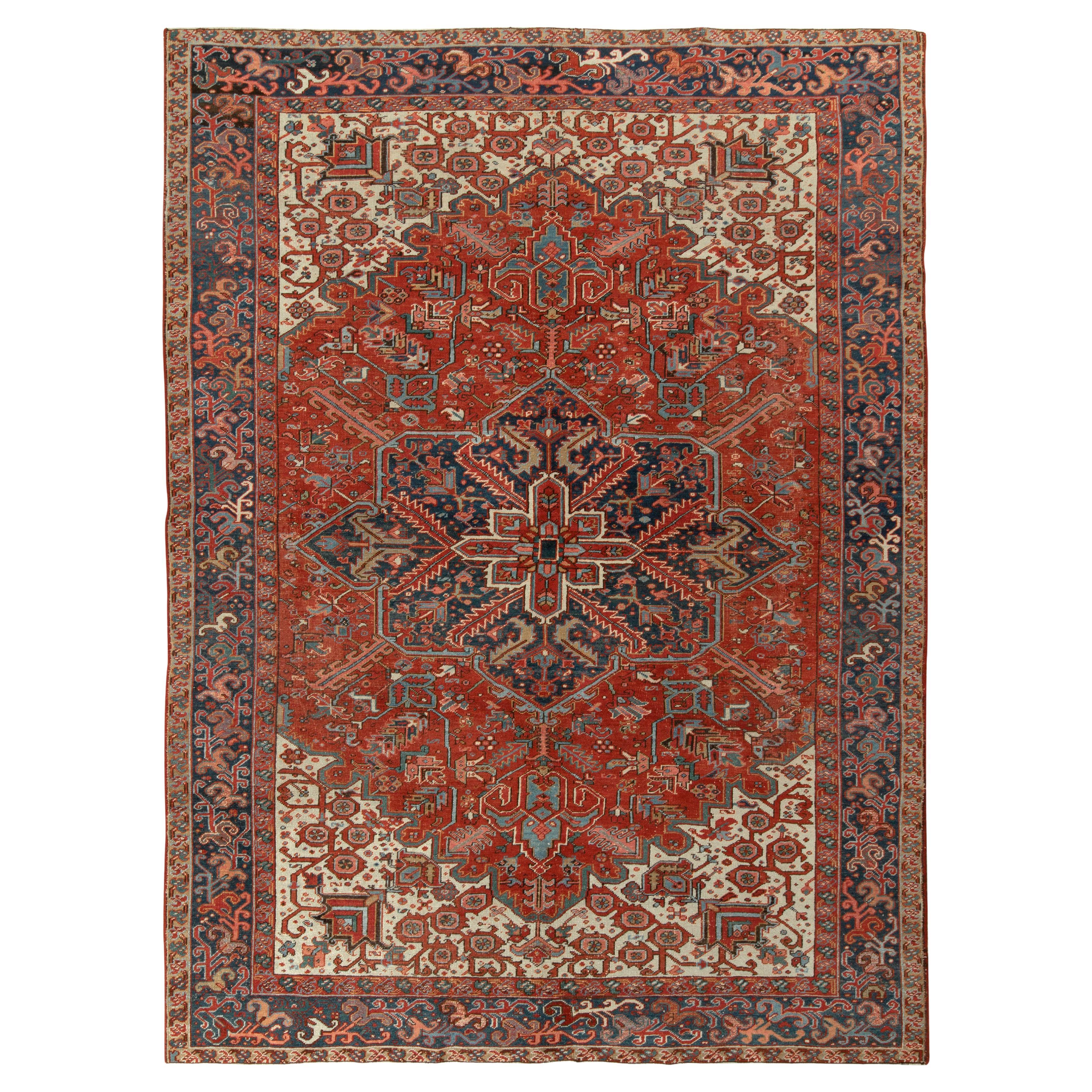 Hand-Knotted Antique Persian Rug Red White Blue Medallion Pattern by Rug & Kilim For Sale