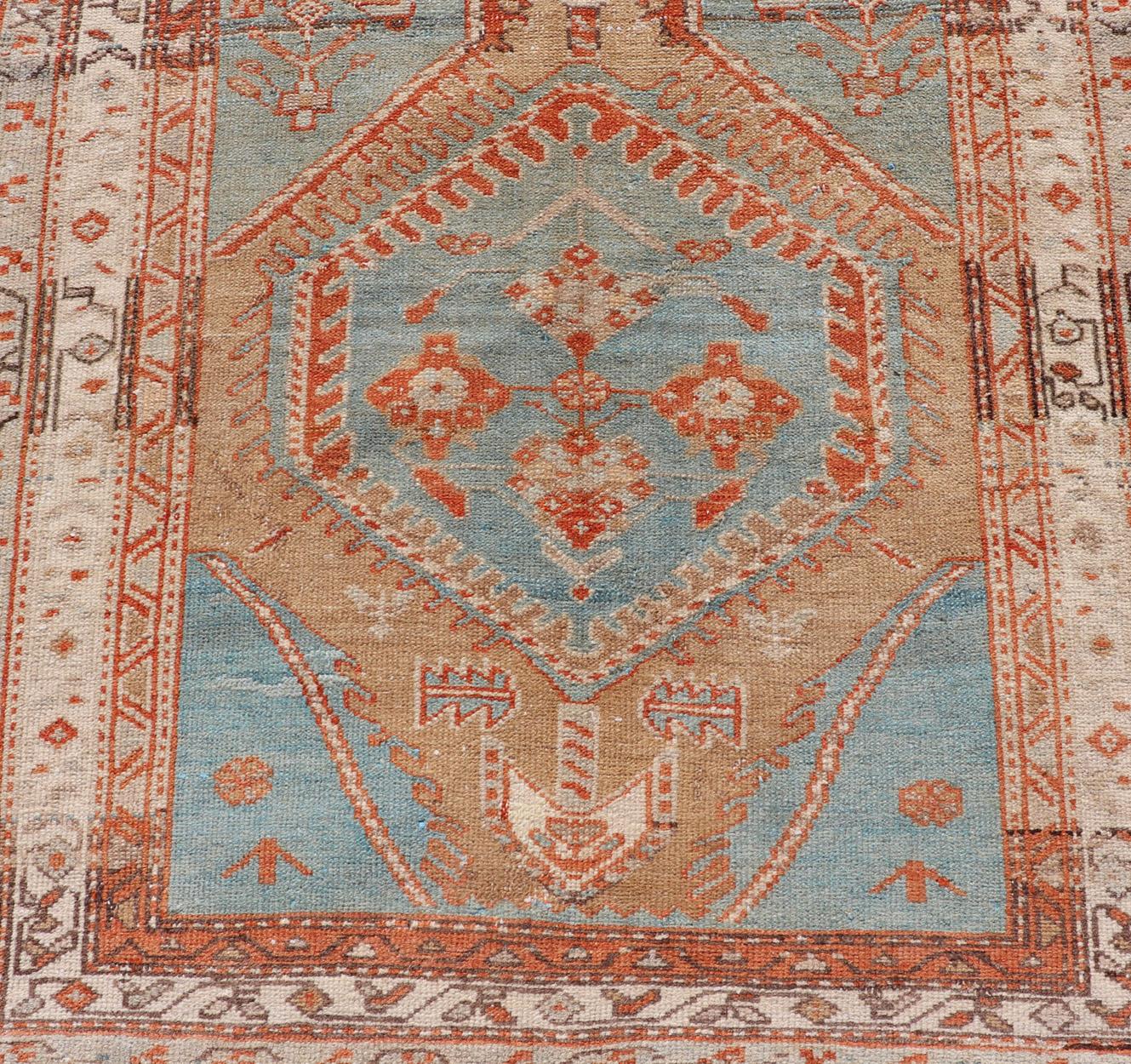 Heriz Serapi Hand-Knotted Antique Persian Karajeh Runner with Sub-Geometric Tribal Medallions For Sale