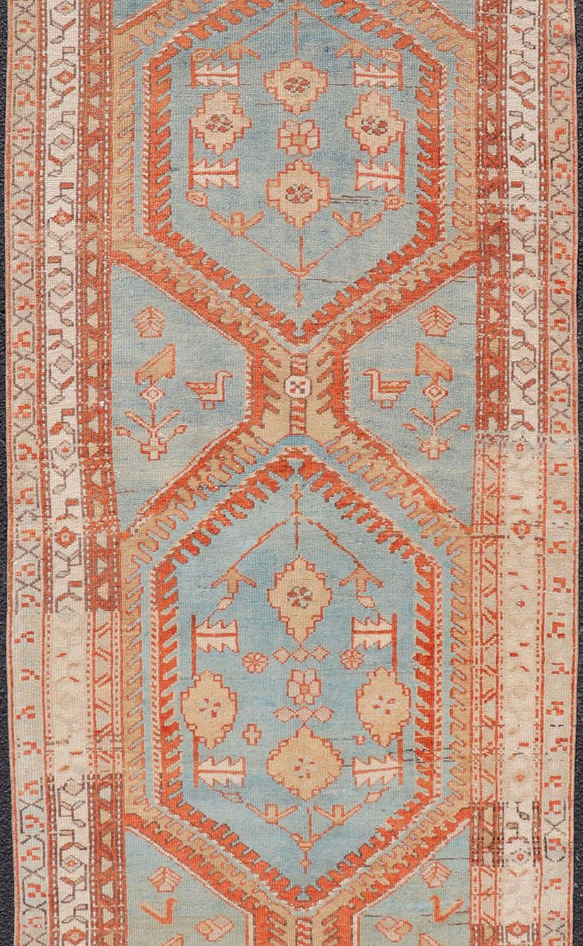 Wool Hand-Knotted Antique Persian Karajeh Runner with Sub-Geometric Tribal Medallions For Sale