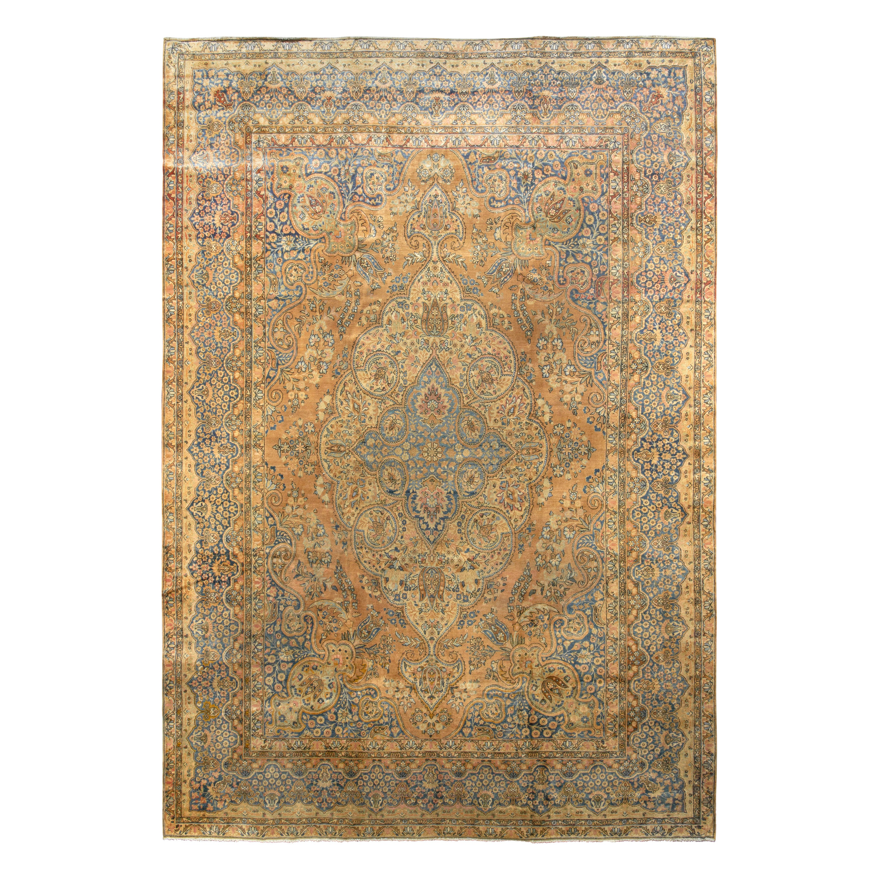 Tapis ancien persan Knots Rugs Kerman, noué à la main, motif floral bleu et beige