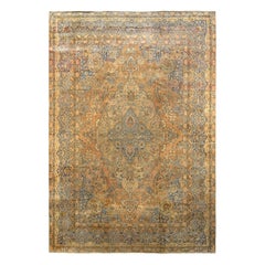 Tapis ancien persan Knots Rugs Kerman, noué à la main, motif floral bleu et beige