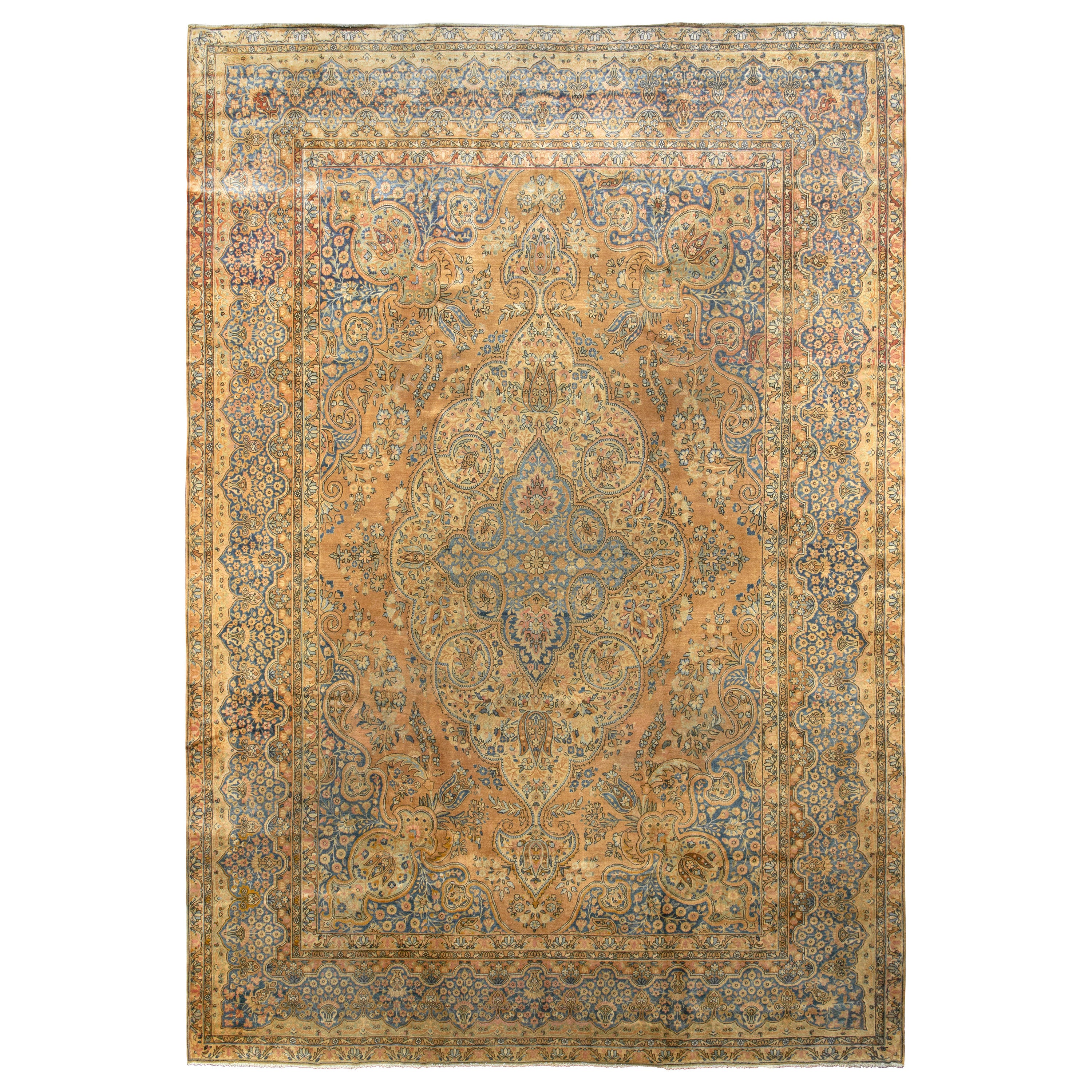 Tapis ancien persan Knots Rugs Kerman, noué à la main, motif floral bleu et beige