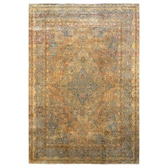 Tapis ancien persan Knots Rugs Kerman, noué à la main, motif floral bleu et beige
