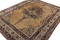 Antique Persian Kerman Lavar Rug in Camel with Medallion, from Rug & Kilim
