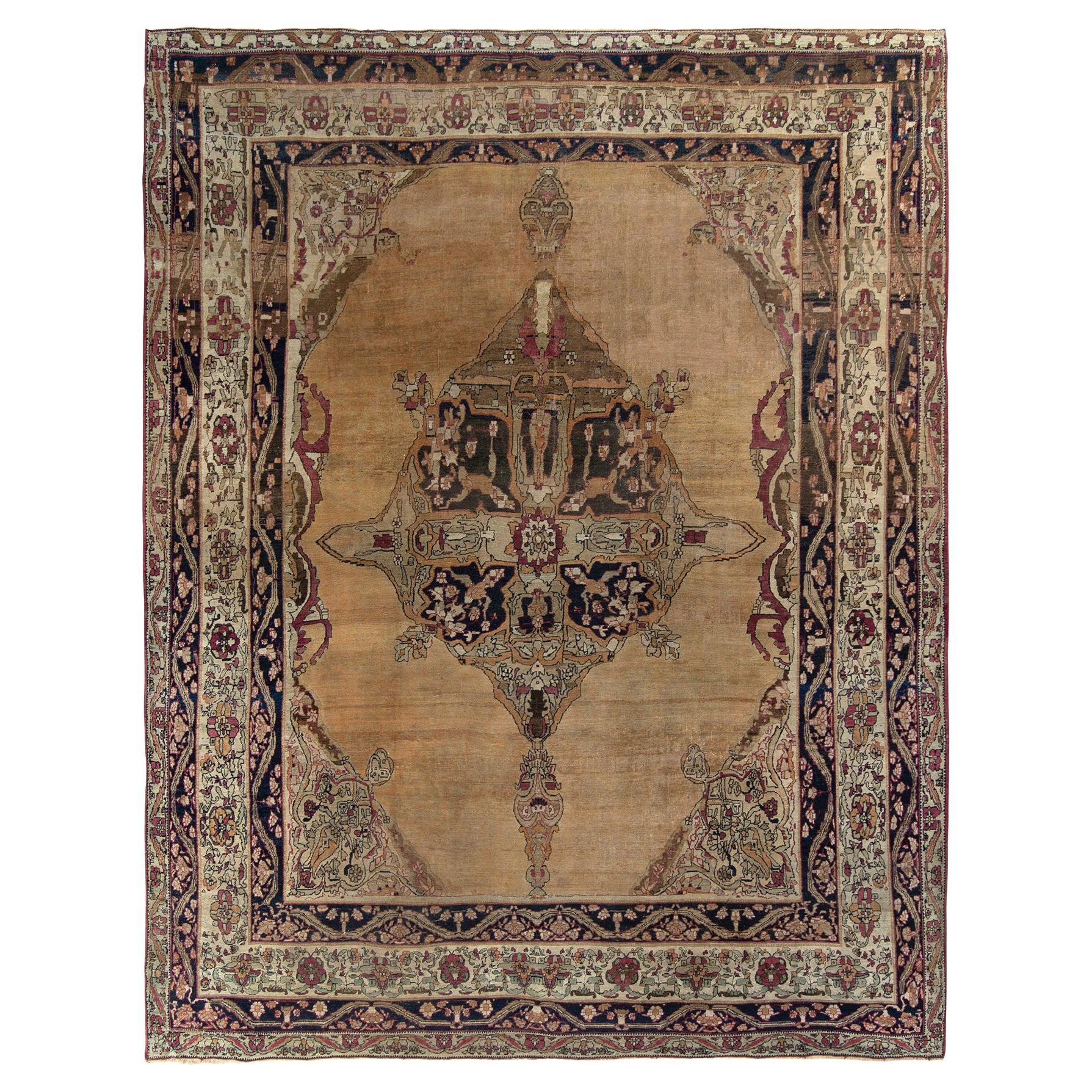 Hand-Knotted Antique Persian Rug in Beige-Brown Medallion Pattern