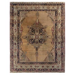 Hand-Knotted Antique Persian Rug in Beige-Brown Medallion Pattern