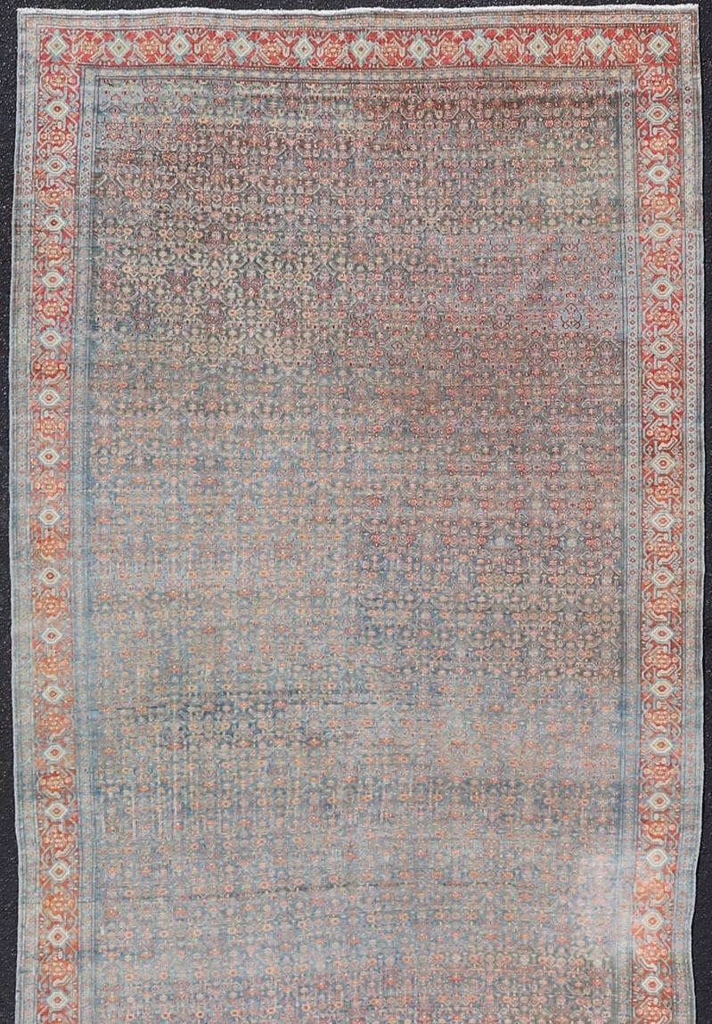 Hand-Knotted Antique Persian Long Gallery Senneh in Wool with All-Over Design For Sale 5