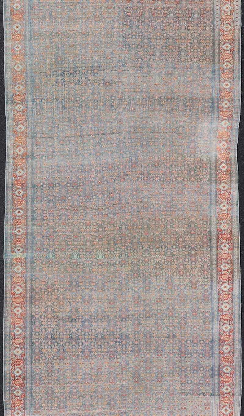 Hand-Knotted Antique Persian Long Gallery Senneh in Wool with All-Over Design For Sale 6