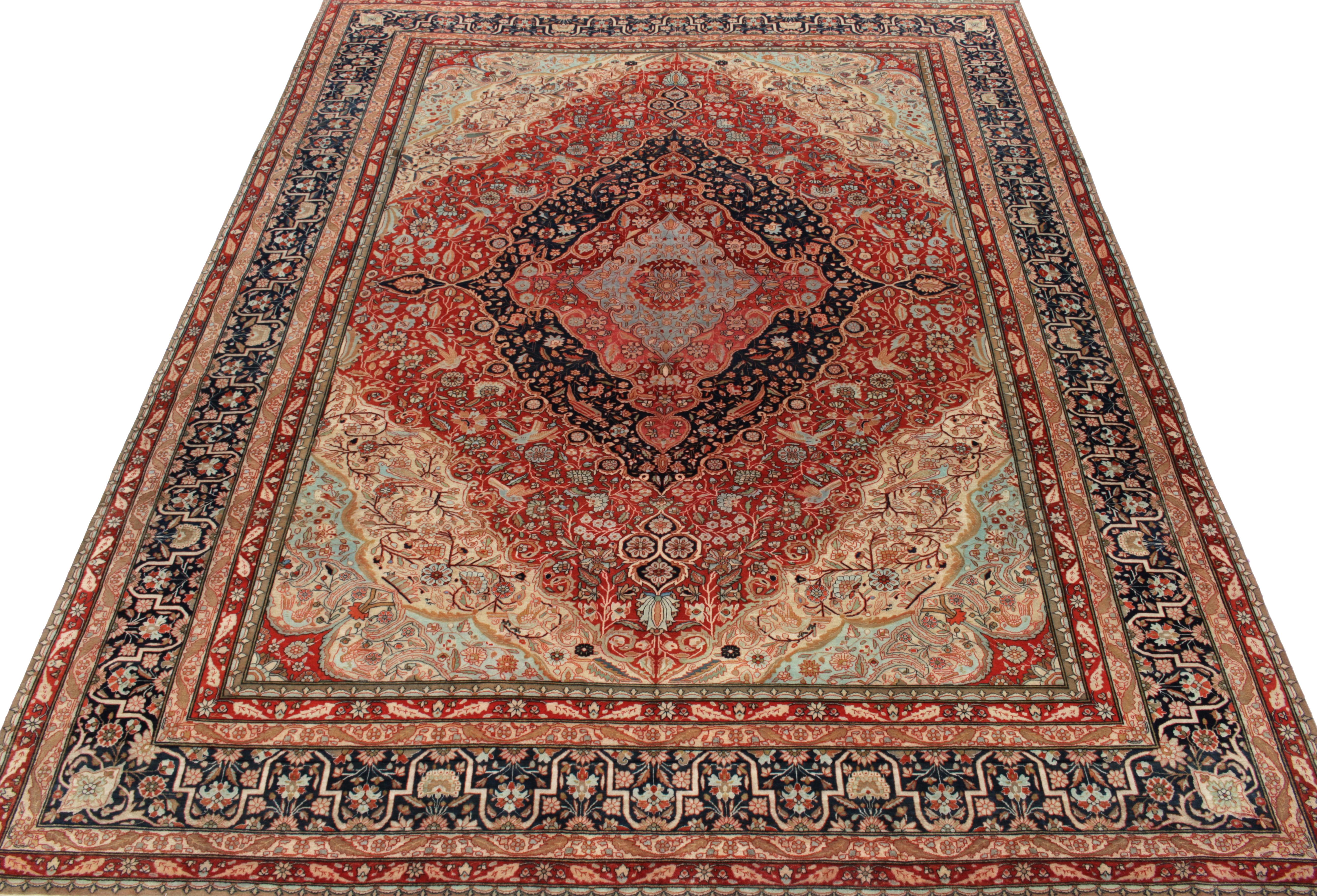Hand-knotted in wool circa 1890,1900, one of the finest antique Mohtashem Kashan rugs our principal has seen join our Antique & Vintage Persian rugs. A collectible, versatile 9 x 11 in pristine condition, rich red and blue with beige-brown depict a
