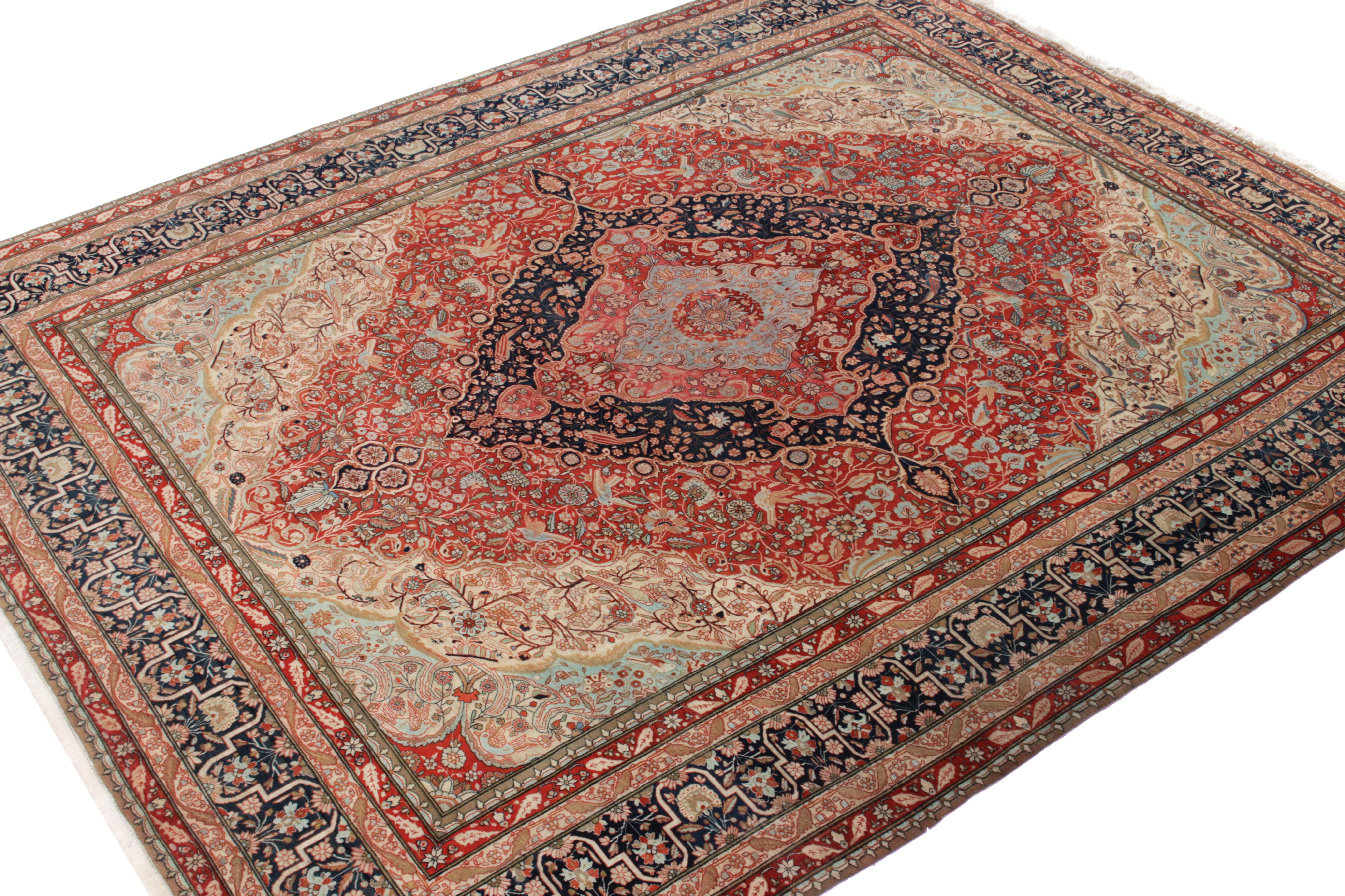 Kashan Hand-Knotted Antique Persian Mohtashem Rug, Blue Floral Pattern by Rug & Kilim For Sale