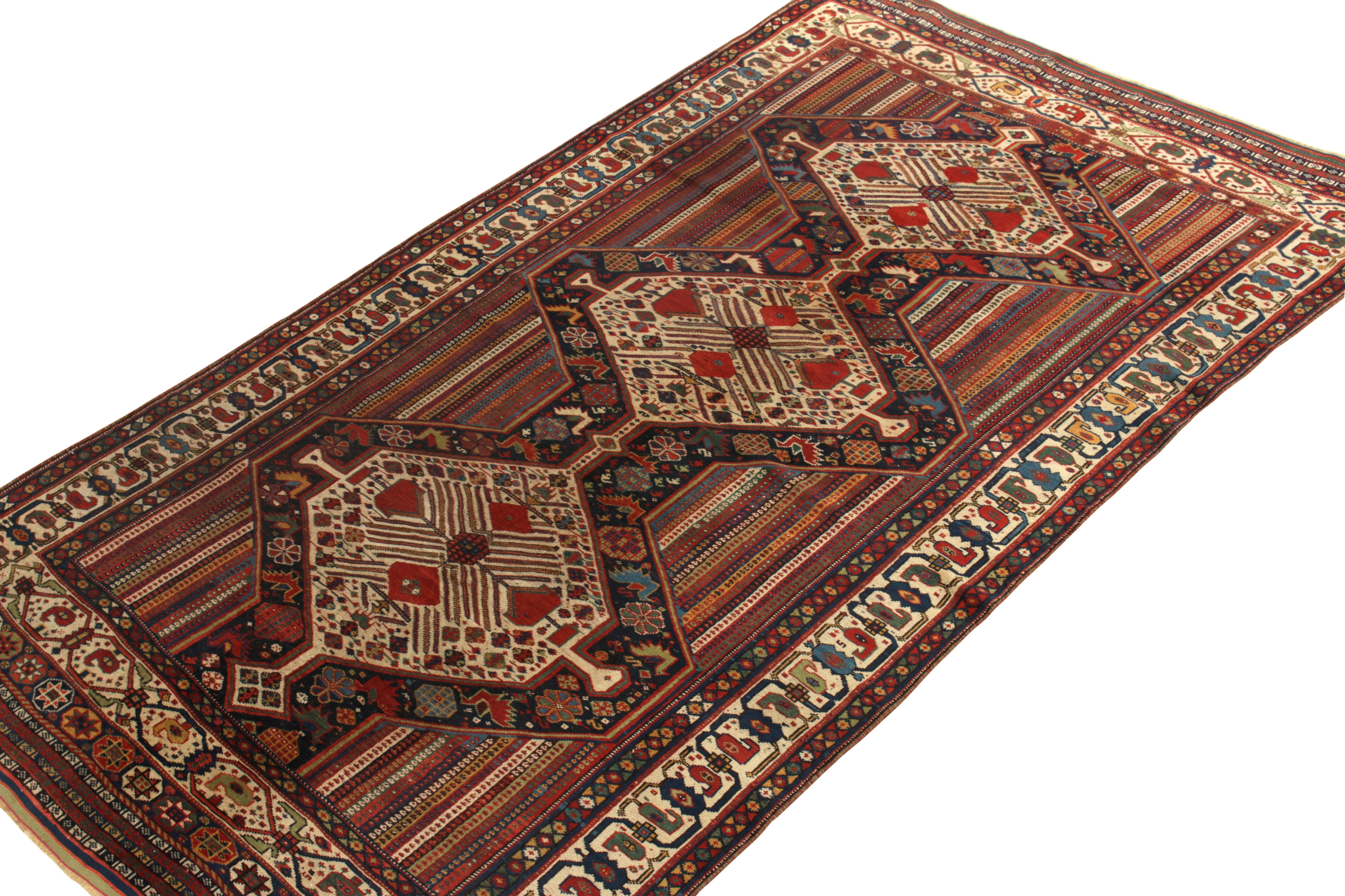 Tribal Antique Persian Qashqai Rug in Red, Beige-Brown Medallion Pattern by Rug & Kilim For Sale