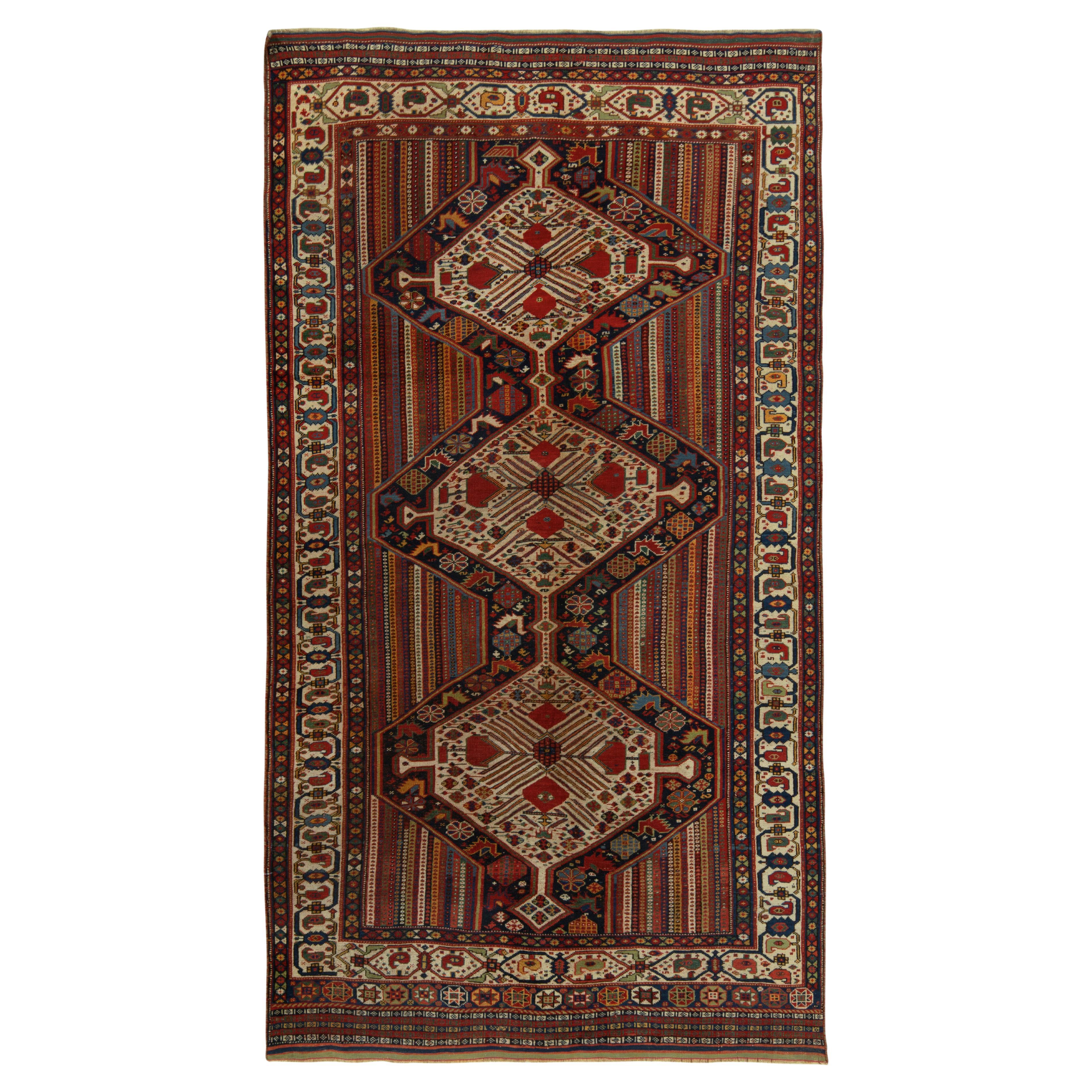 Antique Persian Qashqai Rug in Red, Beige-Brown Medallion Pattern by Rug & Kilim For Sale