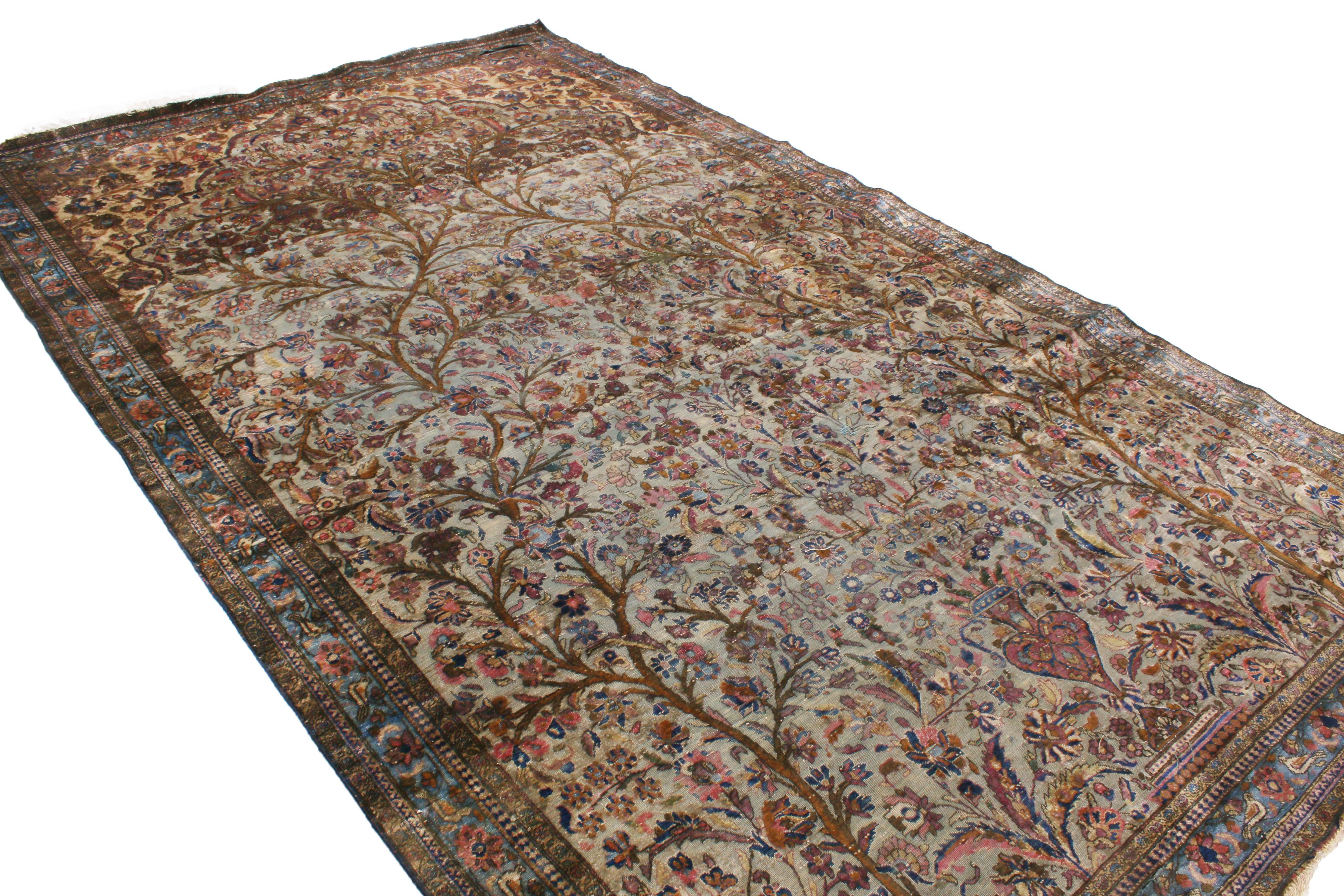 Kashan Hand-Knotted Antique Persian Rug in Beige-Brown Floral Pattern by Rug & Kilim For Sale